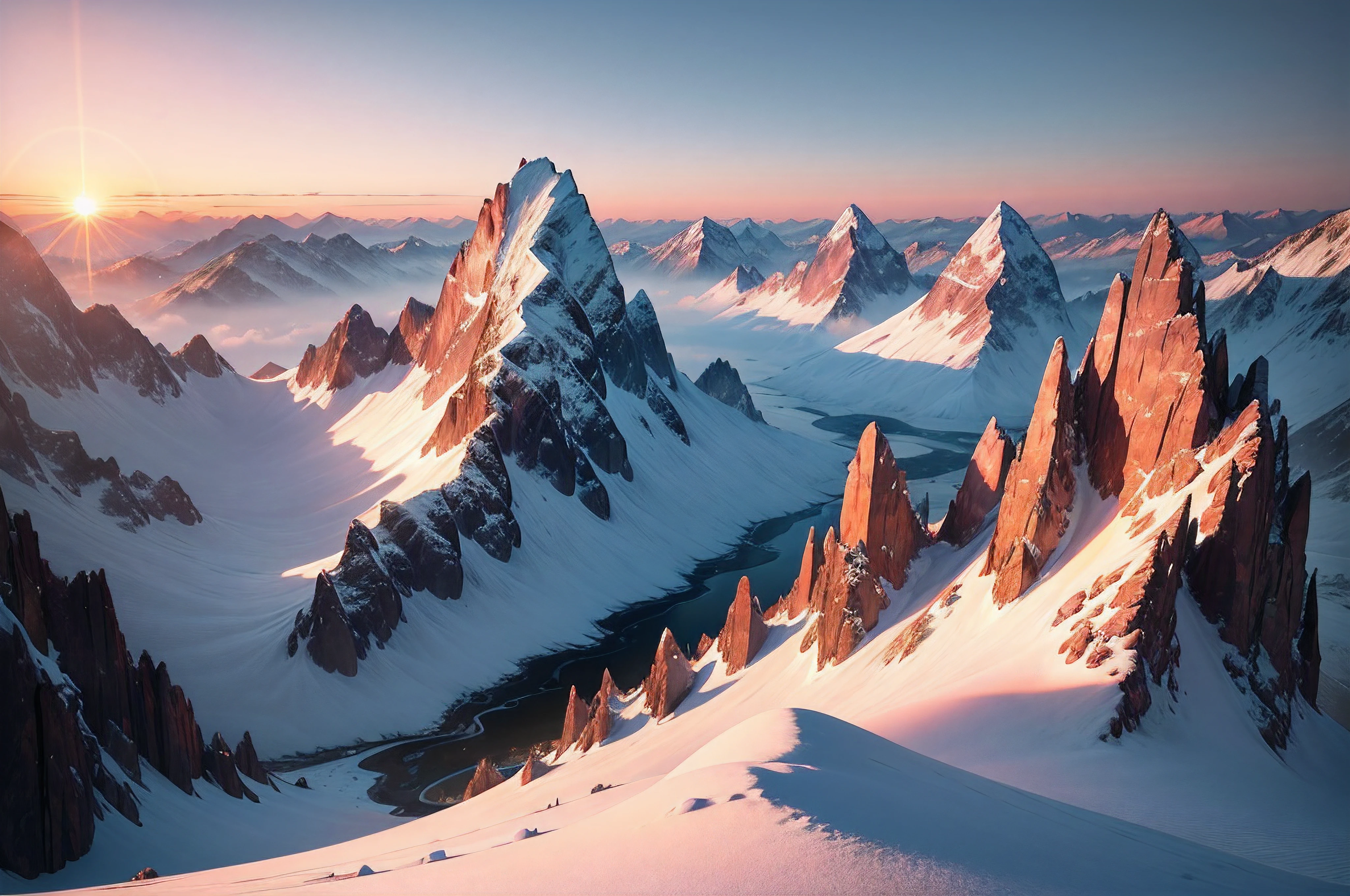 very high resolution, (fidelity: 1.4), photo, day, best quality, 8k, (masterpiece: 1.3), ultra realistic, sunset, spring, view from a very high mountain, very high mountains, you can see the peaks of other mountains, best quality , very high resolution, raw photo, bright diffused light, hyperrealistic, detailed nature,