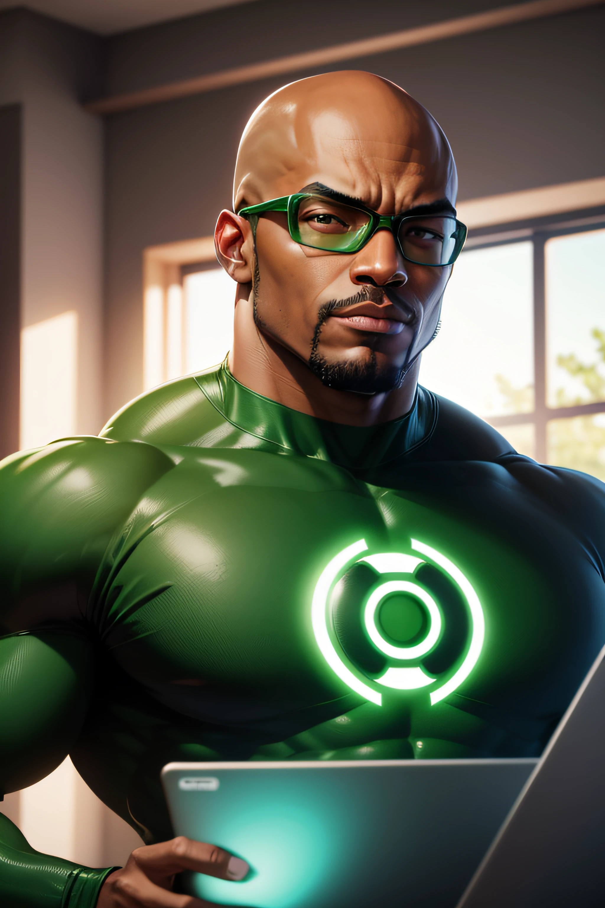 black man with a bald head working as a full stack web developer at his laptop with weight is 190lbs stocky dad body dressed a green lantern in full costume