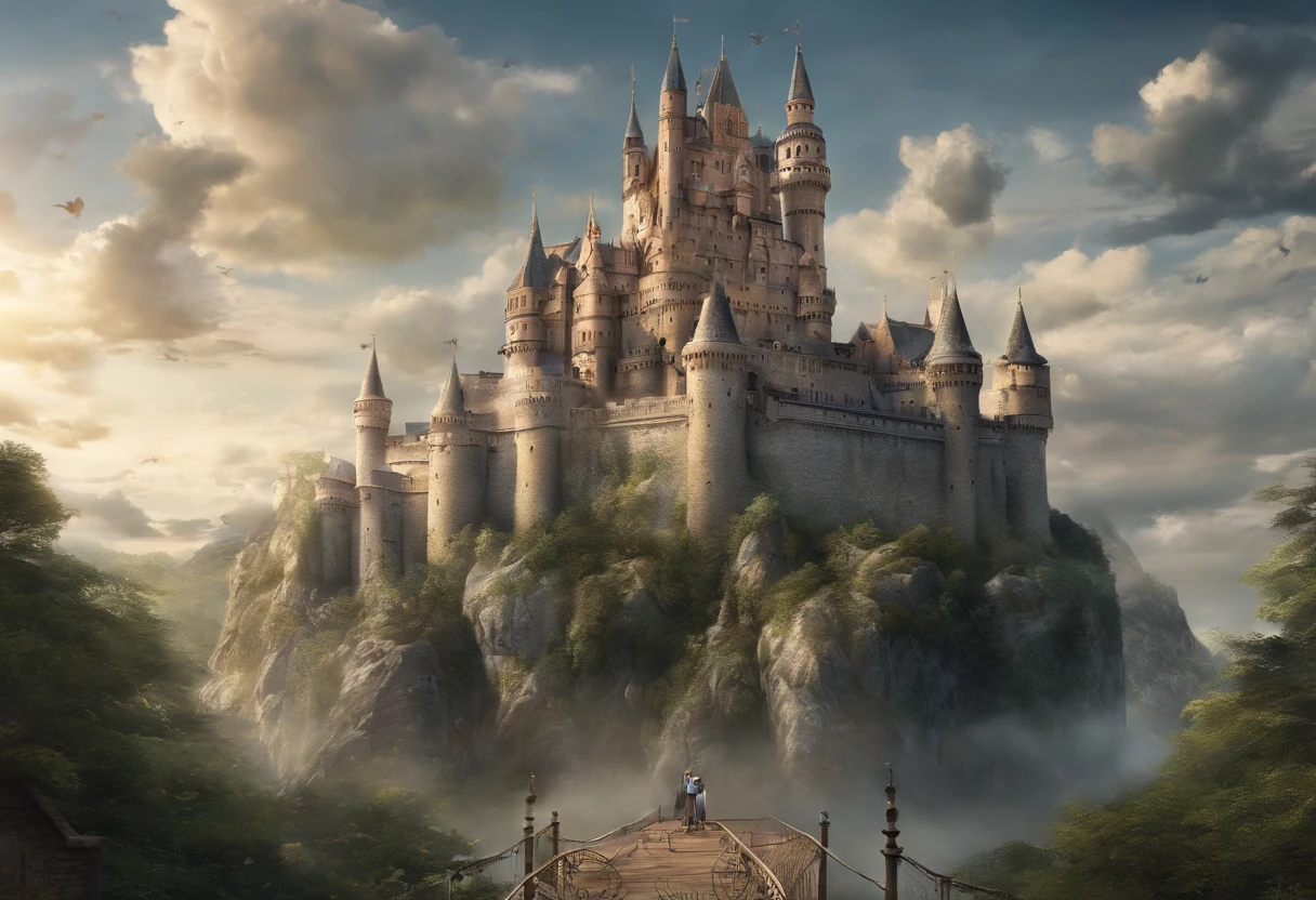 masterpice,top-quality),((A huge castle floating in the sky))Looks、Overwhelming presence、A woman is looking up on the ground、FULL BODYSHOT、from the rear、borgar:0.8,Female 0.2