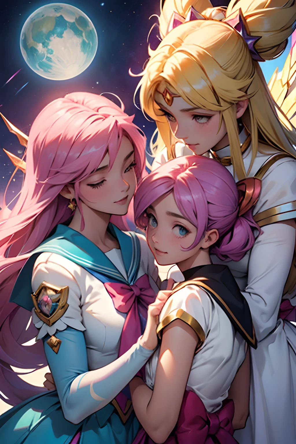 An image of four heavenly magical girls, estilo star guardians, muito lindas, muito bonitas, muito atraentes, como cabelos bonitos e coloridos, rostos detalhados e perfeitos, Detailed and perfect hands, roupas coloridas e bonitas, Artstation Trend, esquema de cores legal, semi-realismo, em uma escola japonesa a noite cercada por monstros, magical girl clothes, magical girl clothes in puella magica style, sailor moon, star guardians do league of legends, quatro amigas, meninas amigas juntas