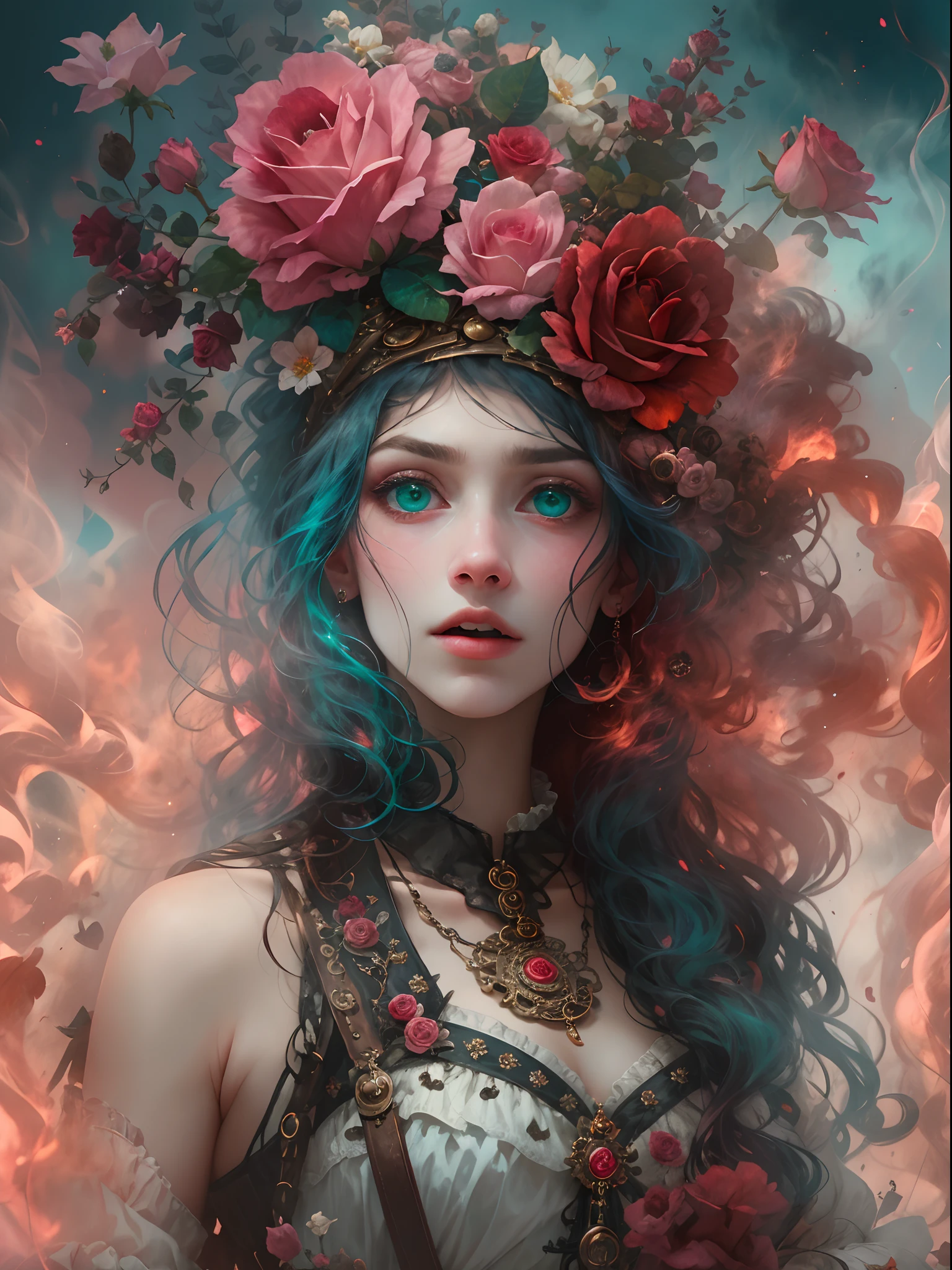 HighestQuali,tmasterpiece:1.2,Detailed details,4k realistic Roman mythology, Girl, Halloween dress up,Steampunk Gothic Victorian style, deep colour, psychology, surrealism, Sublimation, subconscious, Emotions, enthusiasm, In pink、White and red details, rose flower background,Green smoke from hair, Blue smoke background, Soft red and blue light,