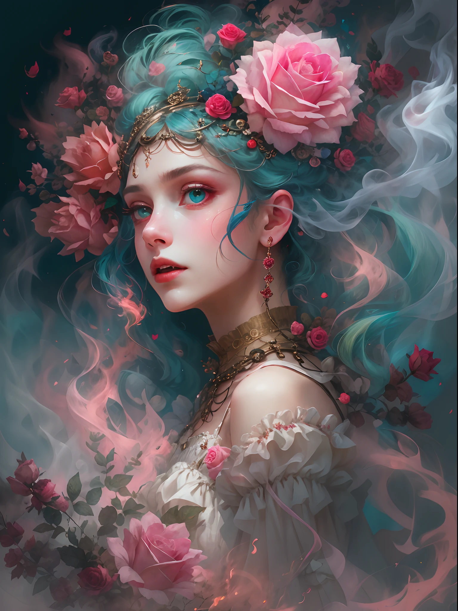 HighestQuali,tmasterpiece:1.2,Detailed details,4k realistic Roman mythology, Girl, Halloween dress up,Steampunk Gothic Victorian style, deep colour, psychology, surrealism, Sublimation, subconscious, Emotions, enthusiasm, In pink、White and red details, rose flower background,Green smoke from hair, Blue smoke background, Soft red and blue light,