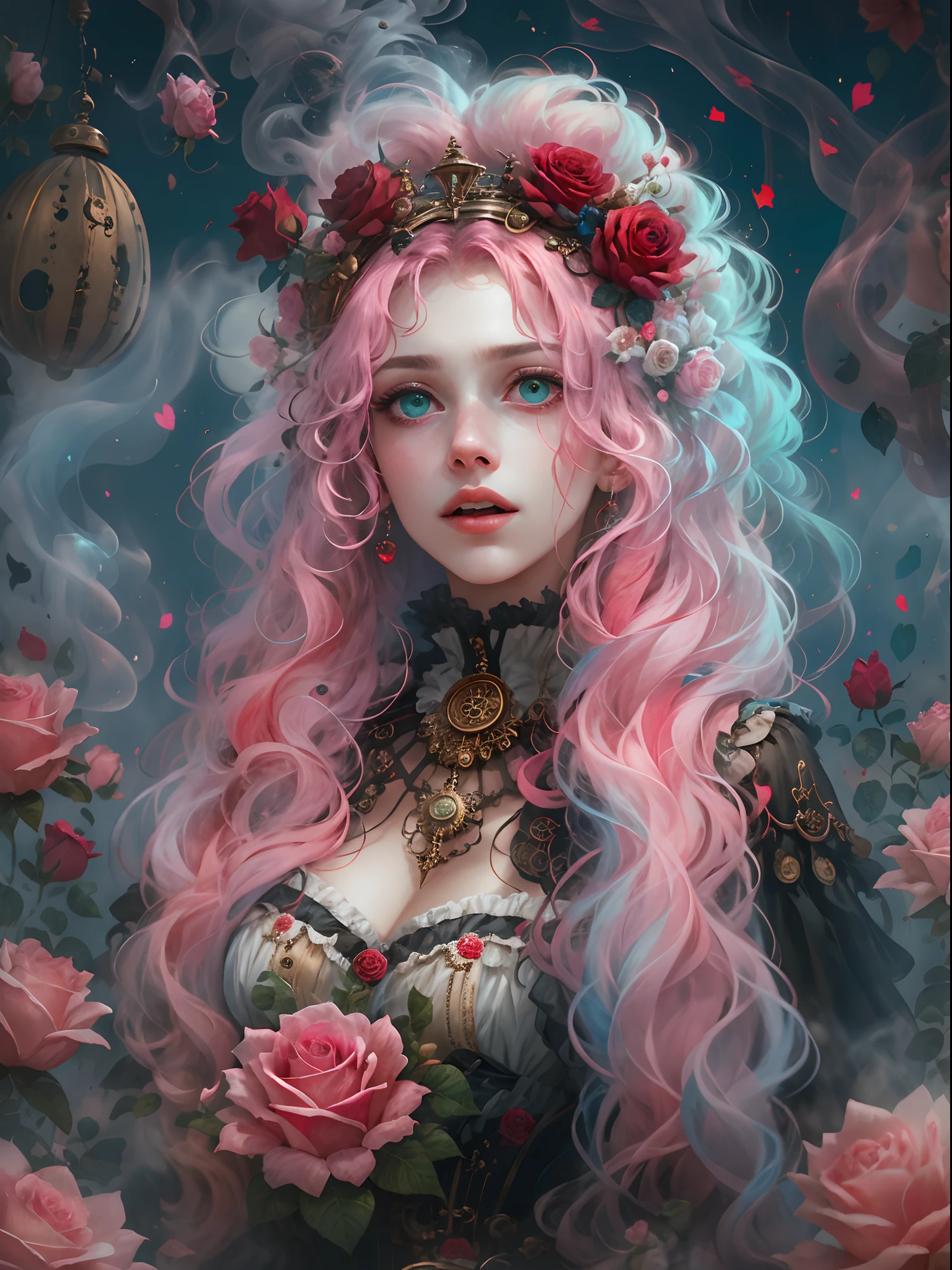 HighestQuali，tmasterpiece：1.2，Detailed details，4k realistic Roman mythology, Girl, Halloween dress up，Steampunk Gothic Victorian style, deep colour, psychology, surrealism, Sublimation, subconscious, Emotions, enthusiasm, In pink、White and red details, rose flower background，Green smoke from hair, Blue smoke background, Soft red and blue light,