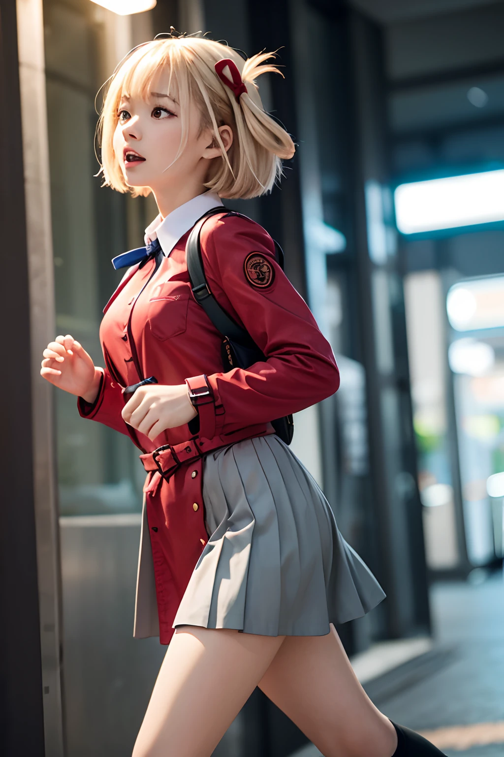 1Girl, nishikigi chisato, short hair, bangs, blonde hair, (red eyes:1.5), hair ribbon, one side up, bob cut, BREAK shirt, long sleeves, dress, ribbon, white shirt, collared shirt, belt, neck ribbon, red dress, blue ribbon, pleated dress, grey dress, two-tone dress, red belt, lycoris uniform, (black socks), backpack, brown loafers, BREAK (running with a flustered expression:1.3), (midnight:1.1), underground malls, blur, from side,