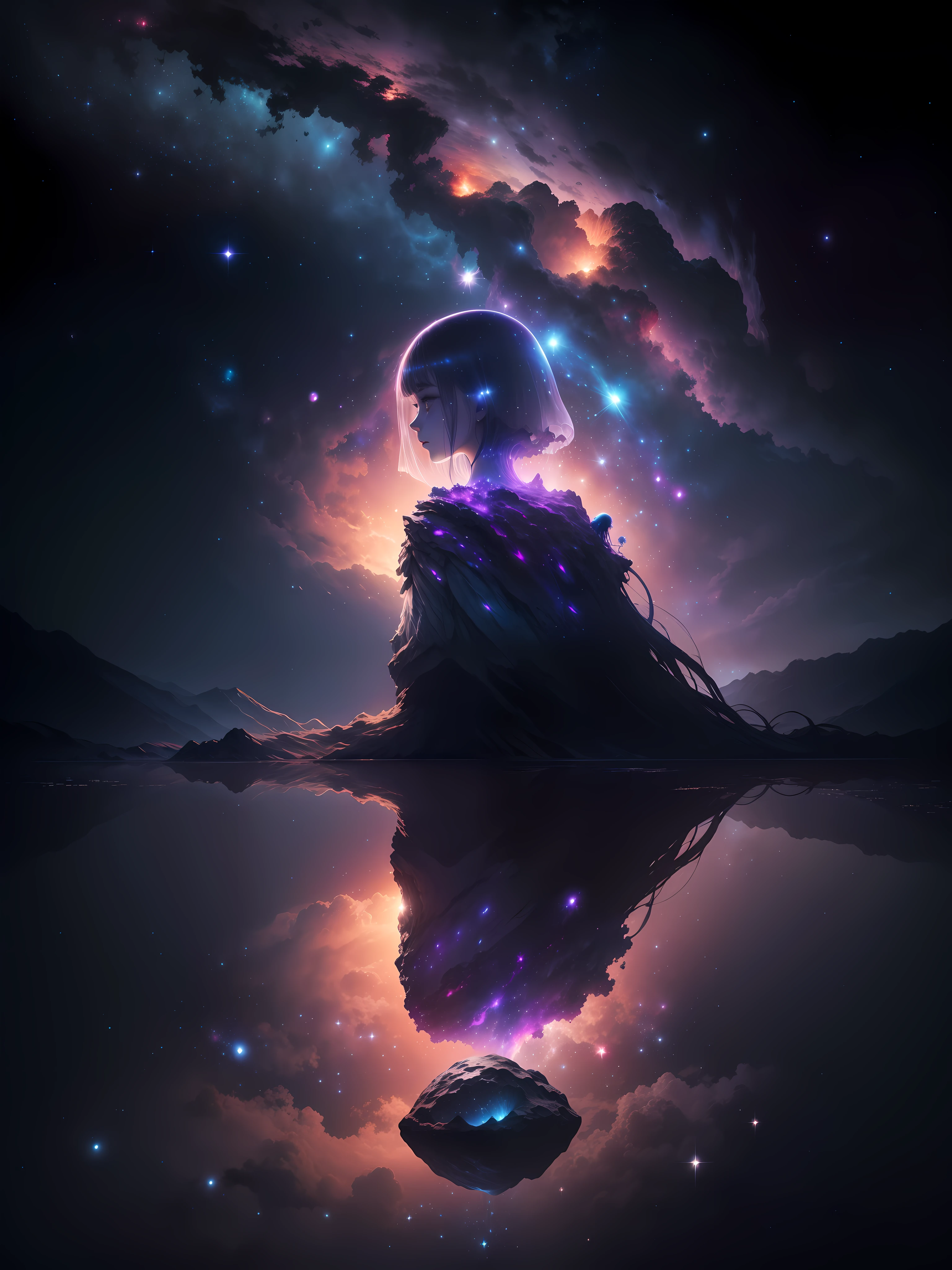 (best quality,4k,highres,masterpiece:1.2),ultra-detailed,realistic:1.37,alien landscape,dark atmosphere,jellyfish-like beings,floating in the air,starry night,cosmic wonders,serene beauty,glowing celestial bodies,quiet and peaceful,faint moonlight,crystal-like transparency,translucent bodies,gentle movements,otherworldly presence,ethereal glow,loneliness and isolation,pondering the universe's mysteries,contemplating the unknown,reflective and deep thoughts,distant galaxies,colorful nebulae,luminous stars,serene and enchanting eyes,gazing into infinity,endless possibilities
