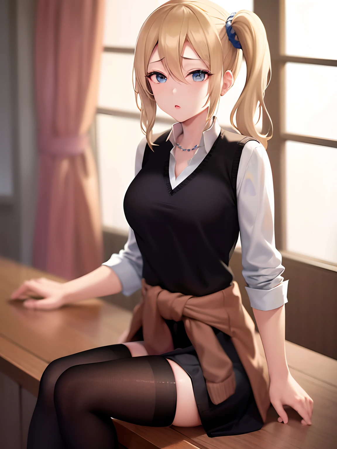 hayasaka ai, side ponytail, blonde, medium breasts, necklace, collared shirt, black vest, sleeves rolled up, clothes around waist, black skirt, (nsfw) not safe for work, sitting on table, black panties, legs wide open, visible panties