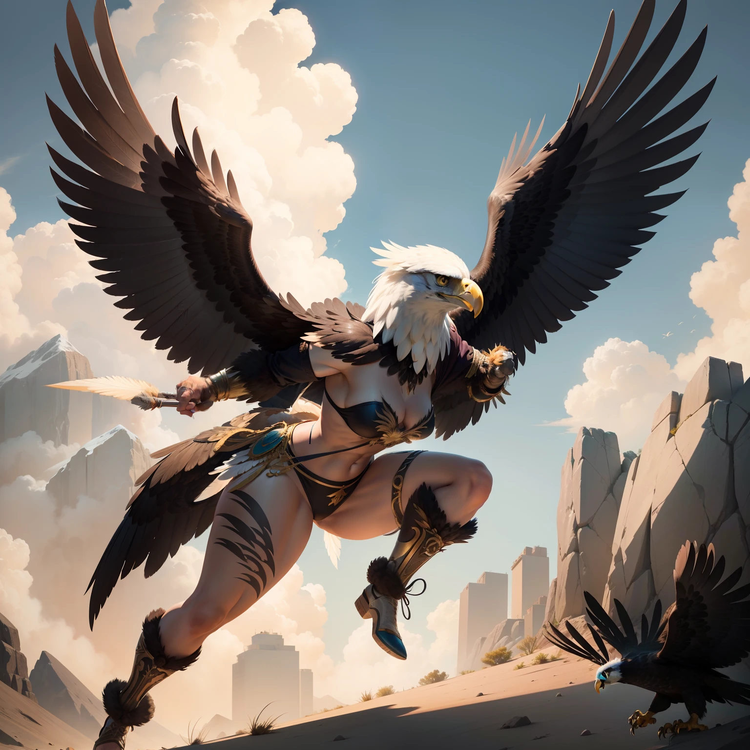 Illustration of an eagle woman attacking with claws、(femele:1.3 | condor)、Her body is powerful and impressive、Ferocious and、Atrocious and、wicked、Ferocious、Highlight the strength and charm of characters with eagle traits、body covered with eagle feathers,、Skysky、Full body