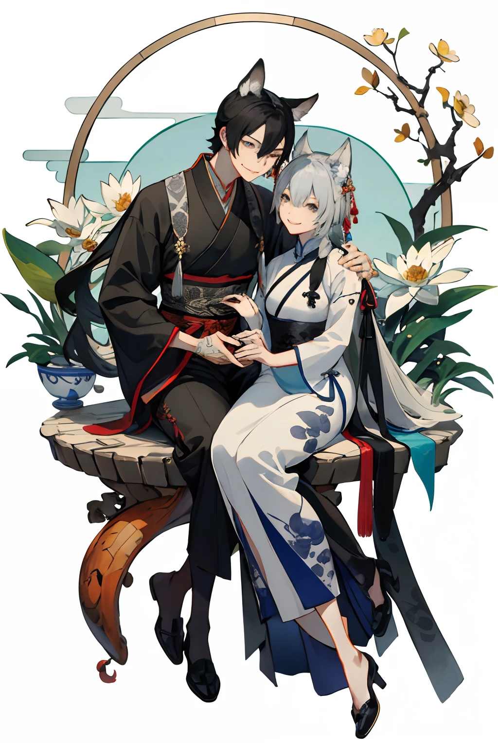 (in 8K, hight resolution, ultra-detailliert), a couple, 1man with 1woman, Mature, Hair color is different, (cuddling), full body Esbian, a blonde and a black hair, (Two men and women smiling face to face)、Gray-haired woman with beautiful fox ears、Strong man with black hair with wolf ears、ink and watercolor painting、Traditional Chinese Ink Painting、lotuses、Hanfu、Maxi Kit、Dress conservatively、Animal ears, Knights、bule、florals、Lots of flowers nearby、shenron、extra detailed face