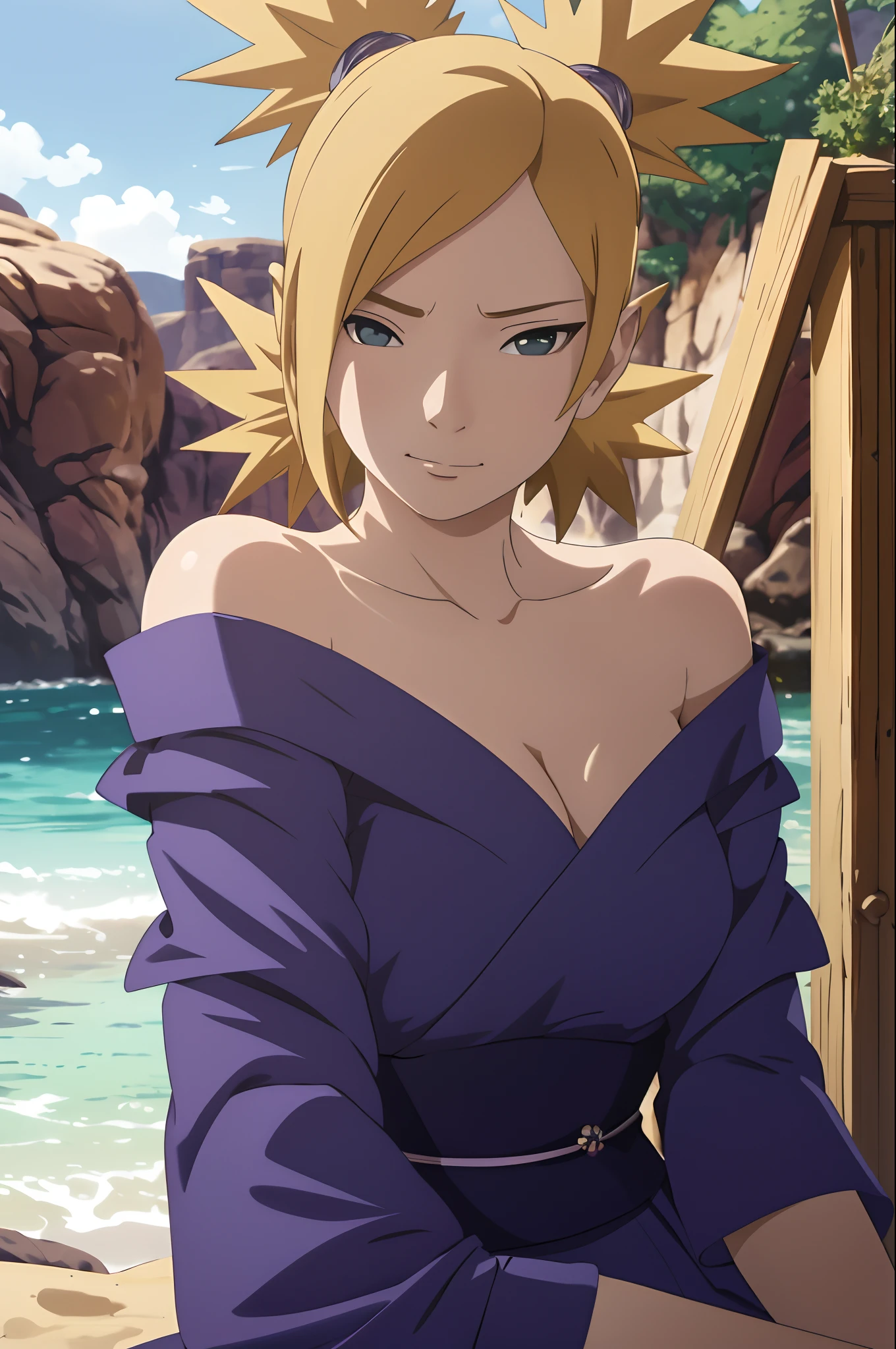 Masterpiece, absurderes , (Intricate details), (Colorful),cleavage，Off-the-shoulder attire，Cinematic lighting,Bust Up Shot,Extremely detailed Cg Unity 8K wallpaper,Temari\(Boruto\), 1girll, Mature female,blue kimono,  Sitting, Outdoors,Wind,  view the viewer,ssmile