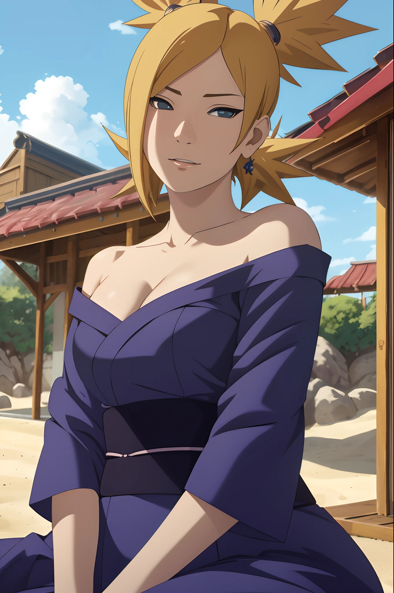 Masterpiece, absurderes , (Intricate details), (Colorful),cleavage，Off-the-shoulder attire，Cinematic lighting,Bust Up Shot,Extremely detailed Cg Unity 8K wallpaper,Temari\(Boruto\), 1girll, Mature female,blue kimono,  Sitting, Outdoors,Wind,  view the viewer,ssmile