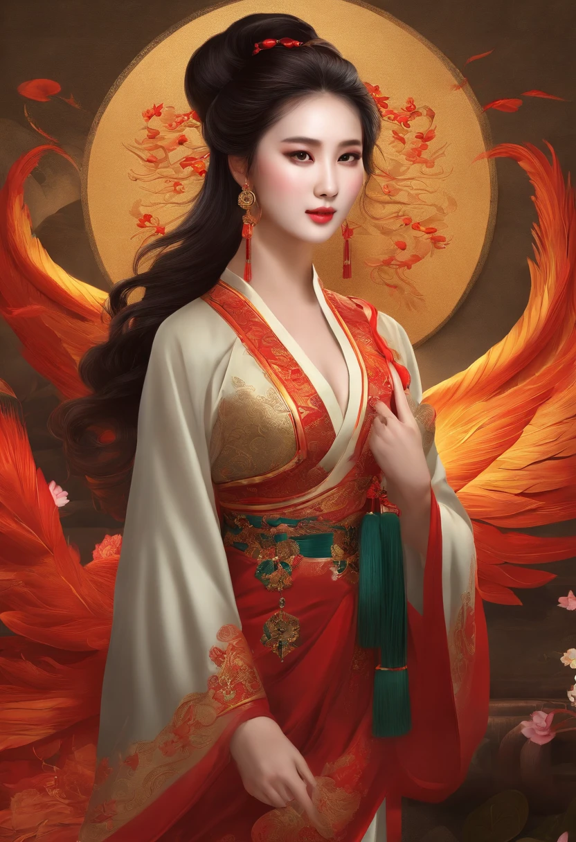 Chinese style ancient style girl,There is a phoenix behind it,The whole hue is red-green, shocking and domineering Chinese phoenix, Detailed phoenix head, brunette color hair, Long ponytail, chino, cropped shoulders,, The is very detailed, dynamic angle, Beautiful lenses, (The most beautiful form of chaos), aethereal, (vivd colour), OC, (halfway: 1.2), Chinese big breasts, (thangka flying sky: 1.5), (ribbons: 1.3), (dream: 1.5), (Hanfu: 1.5), chinesedragon, Chinese Phoenix, (ssmile: 0.5), (Chinese God), (tmasterpiece, top-quality, best qualityer, ultimate details, highest details, offcial art, Beauty and aesthetics: 1.2), the golden ratio