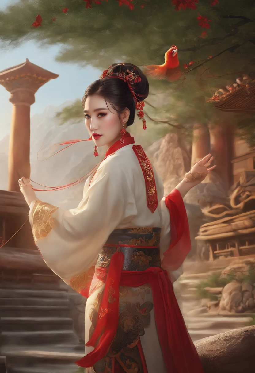 Chinese style ancient style girl,There is a phoenix behind it,The whole hue is red-green, shocking and domineering Chinese phoenix, Detailed phoenix head, brunette color hair, Long ponytail, chino, cropped shoulders,, The is very detailed, dynamic angle, Beautiful lenses, (The most beautiful form of chaos), aethereal, (vivd colour), OC, (halfway: 1.2), Chinese big breasts, (thangka flying sky: 1.5), (ribbons: 1.3), (dream: 1.5), (Hanfu: 1.5), chinesedragon, Chinese Phoenix, (ssmile: 0.5), (Chinese God), (tmasterpiece, top-quality, best qualityer, ultimate details, highest details, offcial art, Beauty and aesthetics: 1.2), the golden ratio