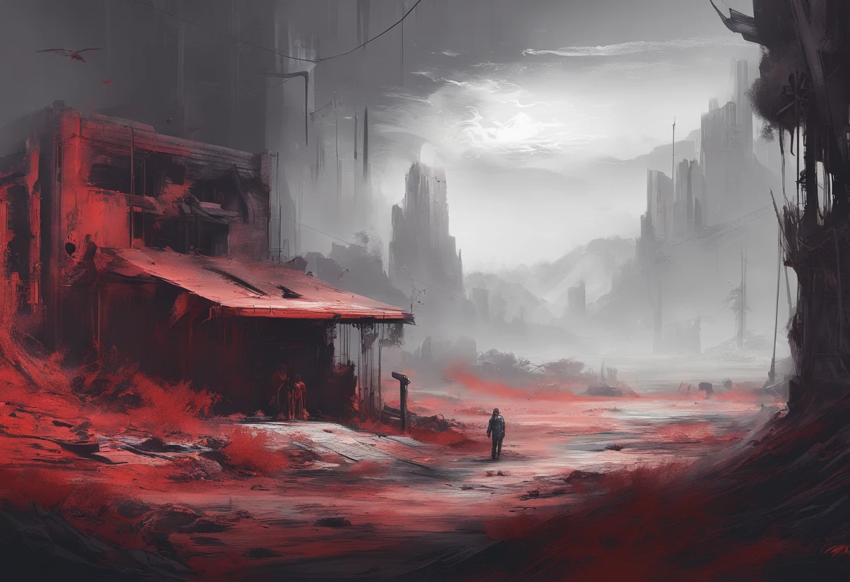 Post-apocalyptic wars, Shades of white, Nero, Red and rust color, survivor, vegetation, shadowing, Gloomy atmosphere, darkly, ((natta)), The breadth of the landscape, book cover