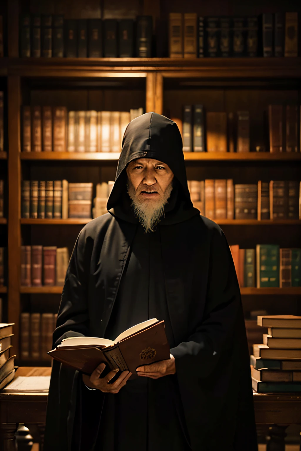 Image of an old monk wearing a black hooded robe in a medieval library with book in hand