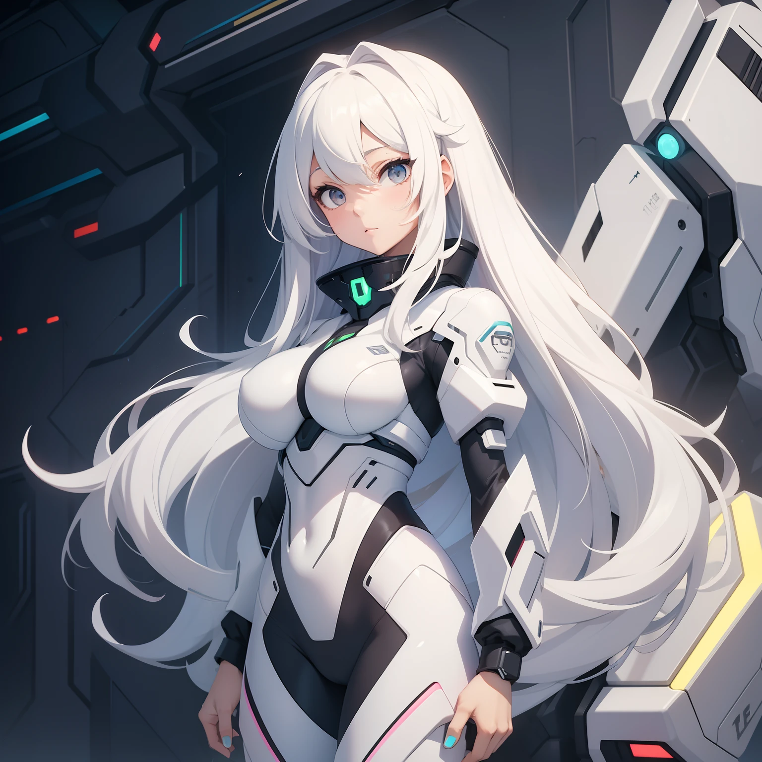 Masterpiece, high quality, girl, long white hair with bangs, neon black mecha suit
