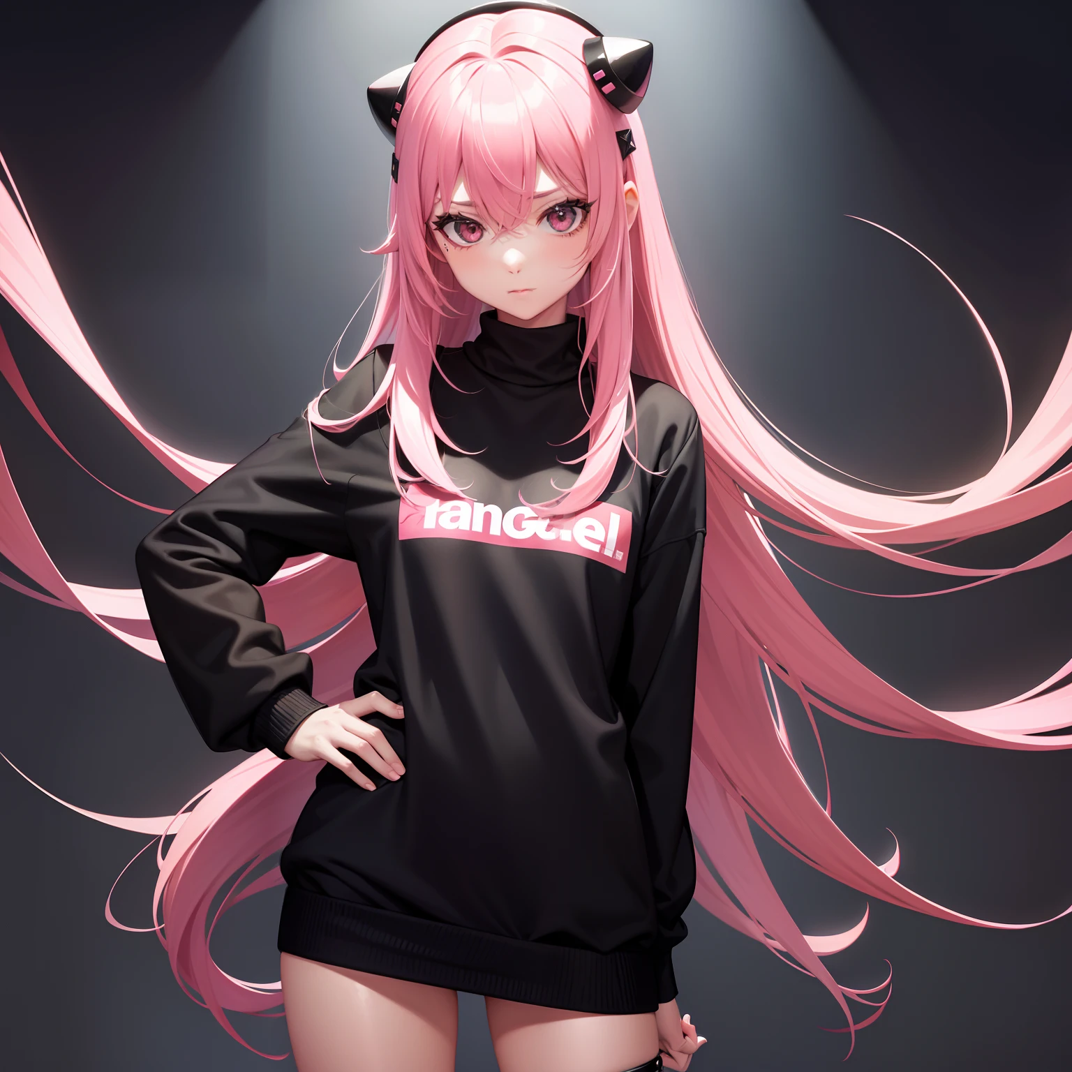 Leader of Runaway Bad Girl, Long Black Jumper, a cool、a miniskirt, Long pink hair, Looking at the viewer, Front view,