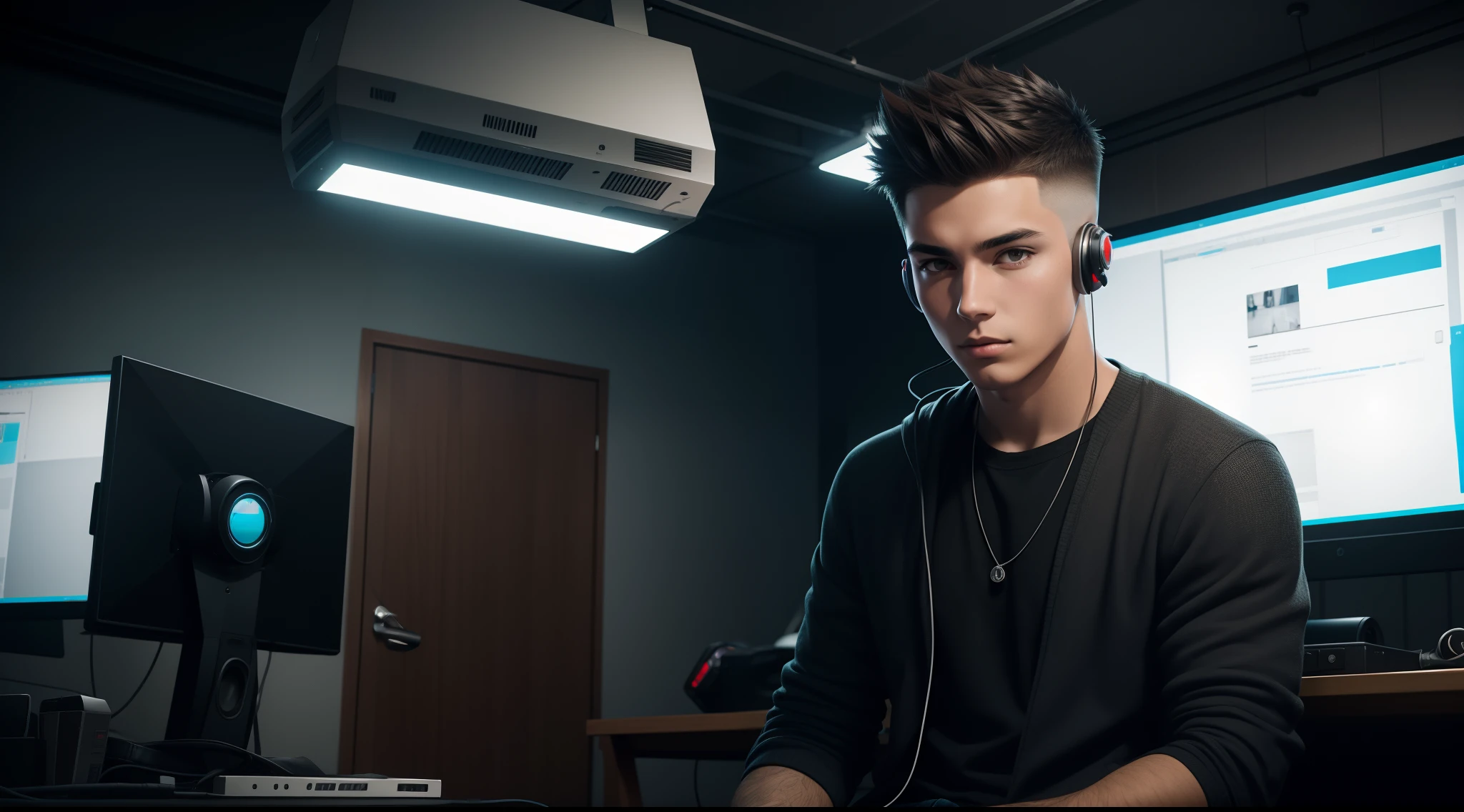 young man name urban legend with short spiky hair in Studio co with airphone in ear seeing camera front show full body siting