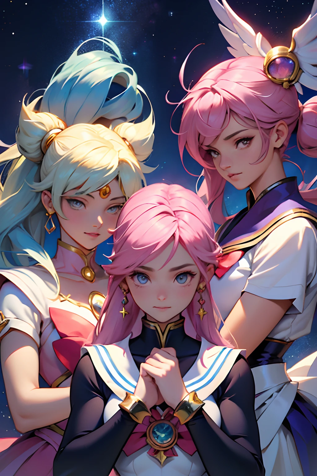 An image of four heavenly magical girls, estilo star guardians, muito lindas, muito bonitas, muito atraentes, como cabelos bonitos e coloridos, rostos detalhados e perfeitos, Detailed and perfect hands, roupas coloridas e bonitas, Artstation Trend, esquema de cores legal, semi-realismo, em uma escola japonesa a noite cercada por monstros, magical girl clothes, magical girl clothes in puella magica style, sailor moon, star guardians do league of legends, perfect hands, membros perfeitos, cabelos coloridos cores intensas