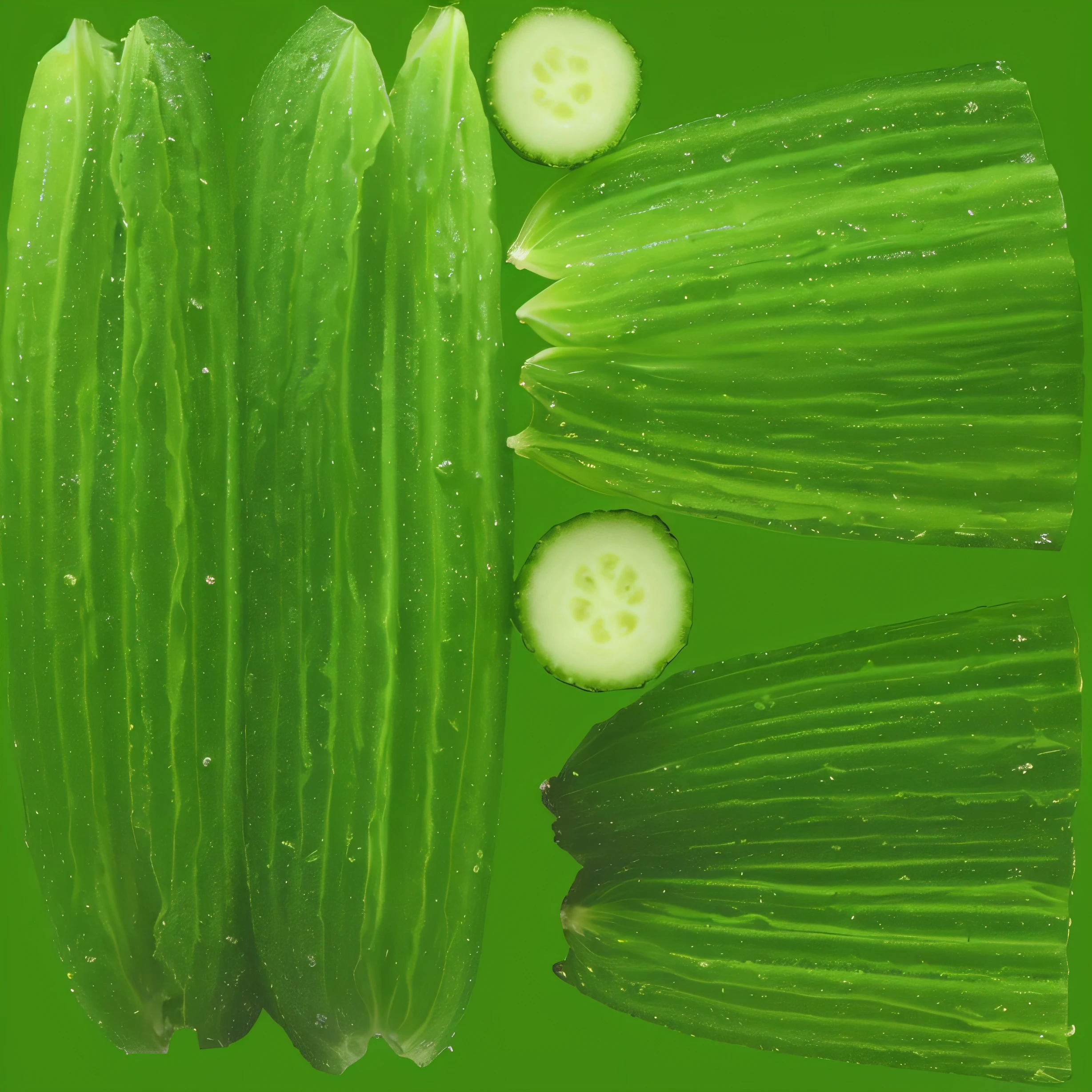 on a green background, three pieces of cucumber, cucumber, cucumbers, pickle, vegetable, Green, pickles, jelly-like texture, saguaro, Proteus vulgaris (Proteus vulgaris) (Proteus vulgaris (Proteus vulgaris)), by Jon Coffelt, cut, rendered, Rendered image, Year 3022, Diatoms, muscle, Yasushi Sugiyama, grass, green saliva