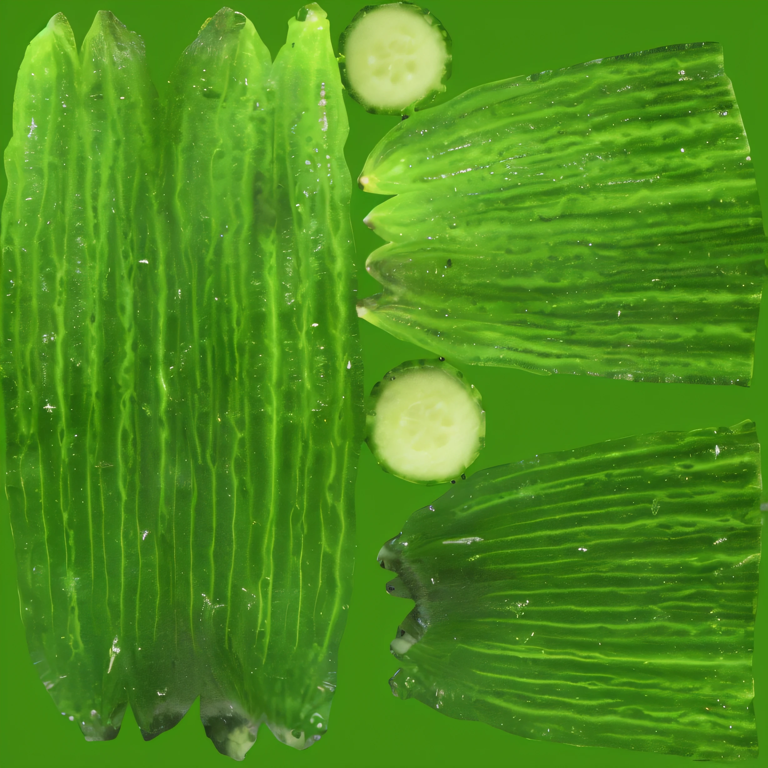 On a green background, three pieces of cucumber, cucumber, cucumbers, pickle, vegetable, Green, pickles, jelly-like texture, saguaro, Proteus vulgaris (Proteus vulgaris), by Jon Coffelt, cut, rendered, Rendered image, Year 3022, Diatoms, muscle, Yasushi Sugiyama, grass, green saliva