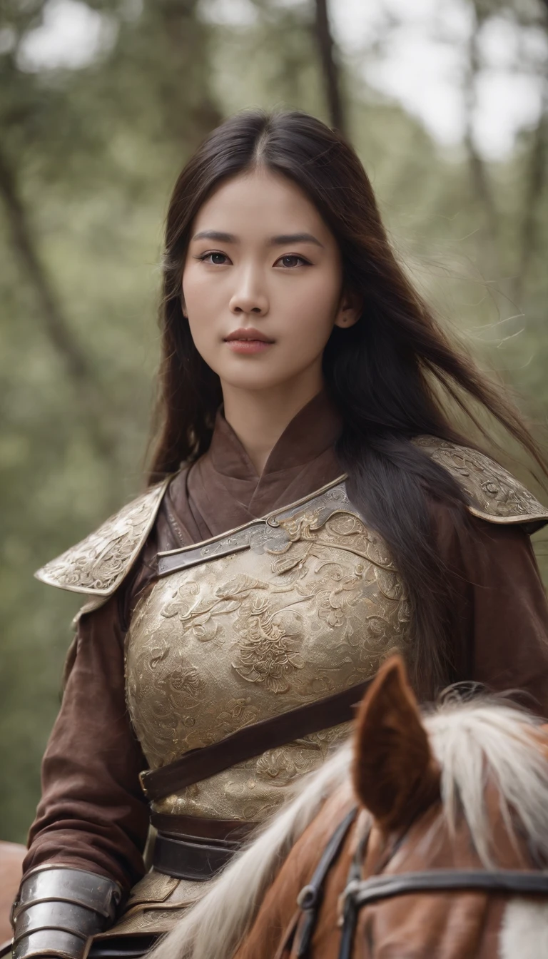 with whole body visible，Long-haired ??????? horseback, Wearing armor, Holding an ancient Chinese sword, Looking at the camera, Daido Moriyama style, Cinematic lighting, amazing shot, 8K, mediating: Marie Claire by Maya Flor, black hair, smiling