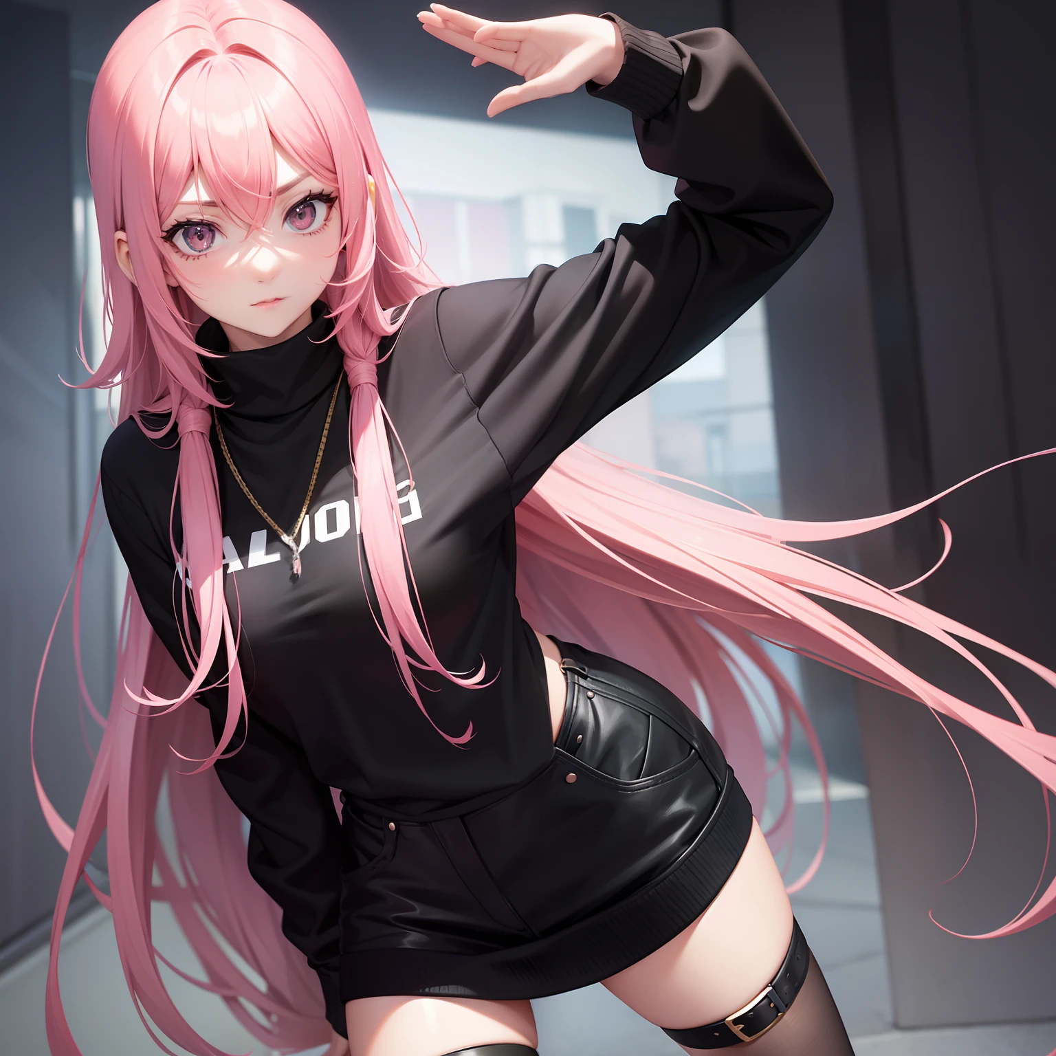 Leader of Runaway Bad Girl, Long Black Jumper, a cool、a miniskirt, Long pink hair, Looking at the viewer, Front view,