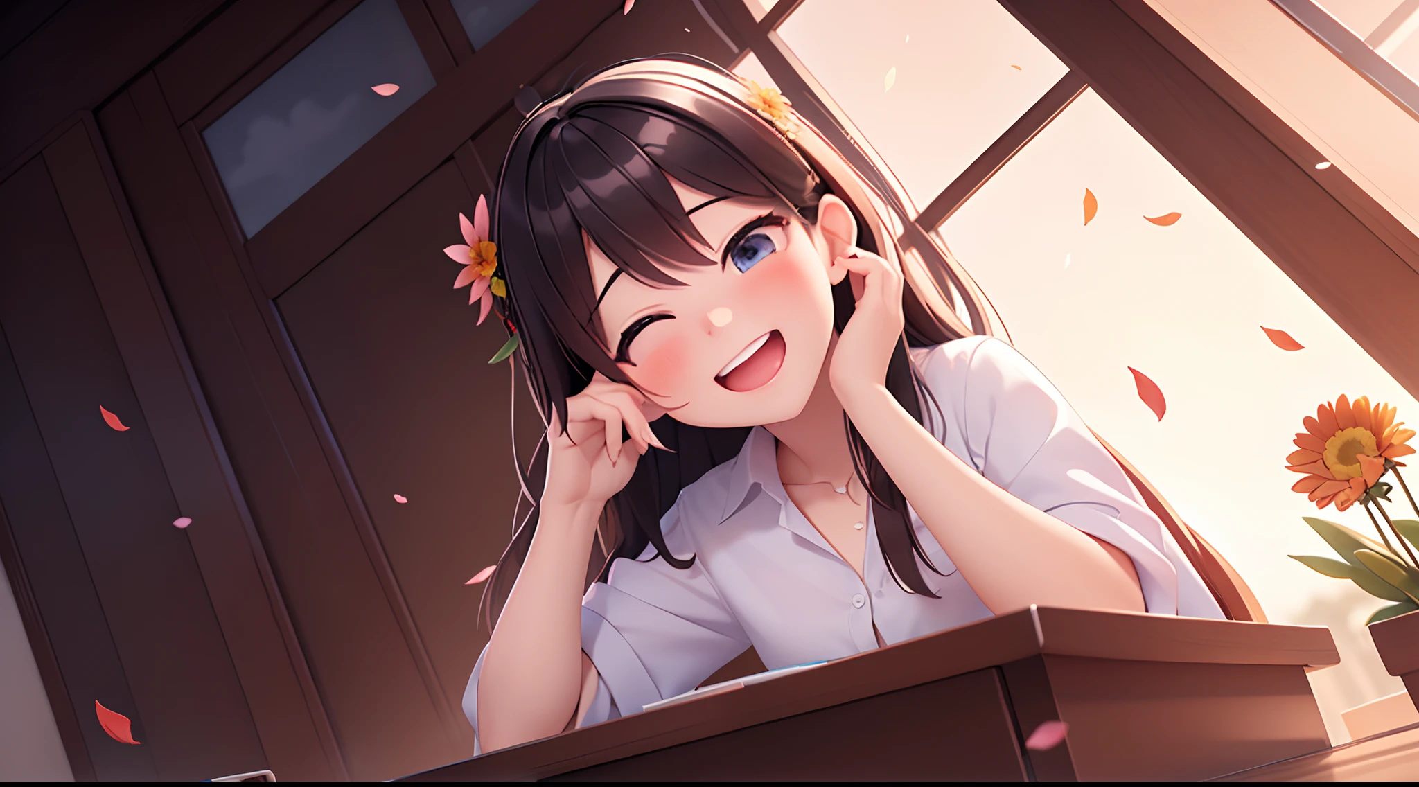 photoRealstic、Sit at your desk and enjoy studying with friends、Opens mouth and laughs、up of face、flower petals、season!!: 夏天☀ 🍂
