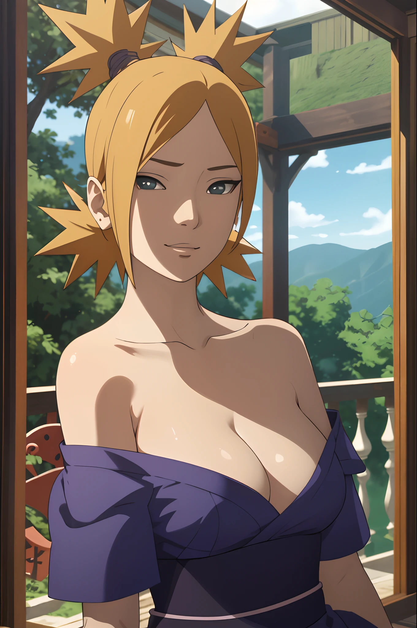 Masterpiece, absurderes , (Intricate details), (Colorful),cleavage，Be red in the face，Off-the-shoulder attire，Cinematic lighting,Bust Up Shot,Extremely detailed Cg Unity 8K wallpaper,Temari\(Boruto\), 1girll, Mature female,blue kimono,  Sitting, Outdoors,Wind,  view the viewer,ssmile