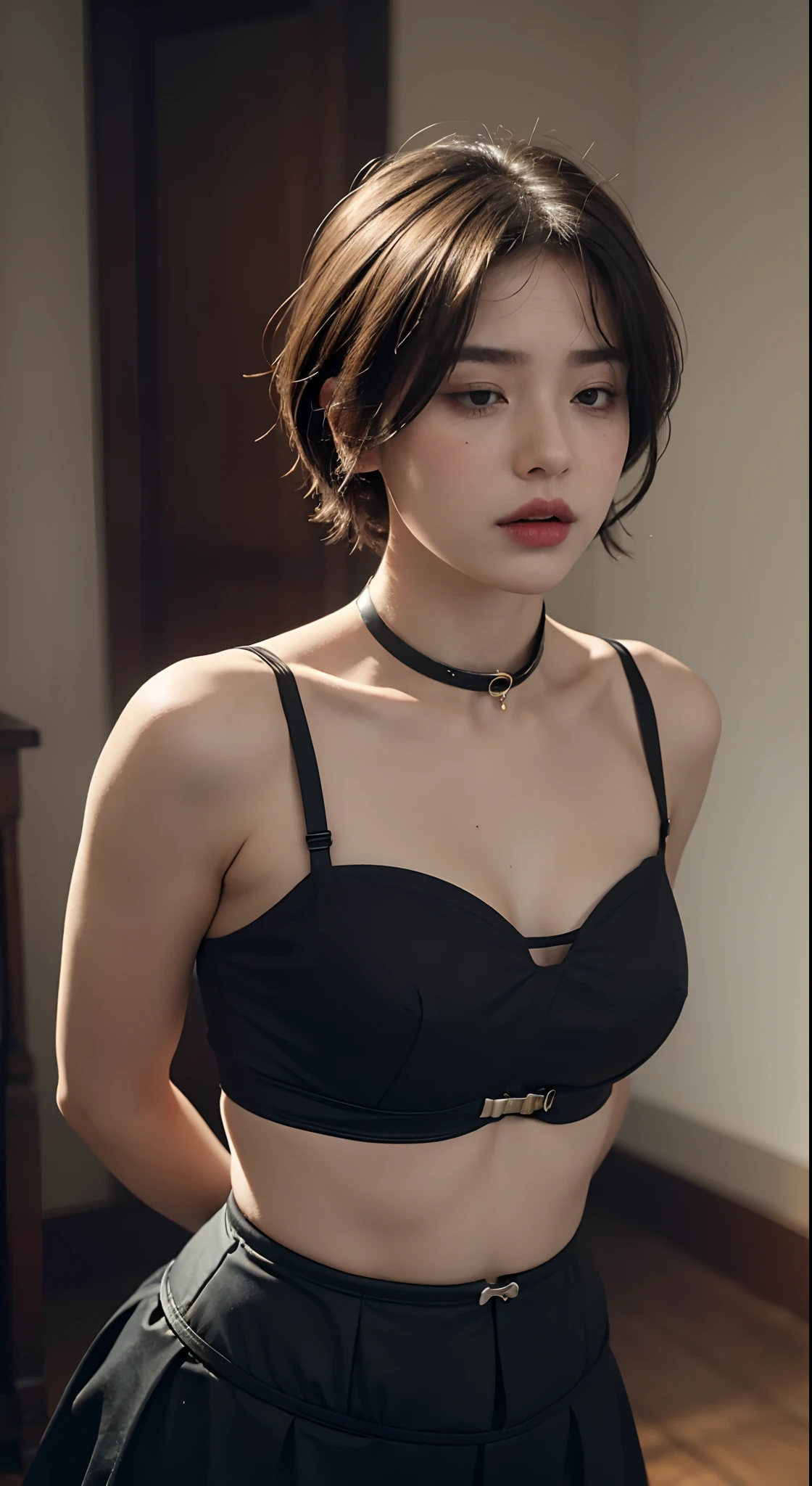 (Best Quality, Masterpiece: 1.1), (Fidelity: 1.4), 1 Girl, Upper Body, Very Short Hair, Studio, BDSM, slave, Black Corset, Bondage, Slave Collar, Slave, Panties, Woman Tied With Rope, Blindfold, Handcuffs, Bondage, BDSM, Bound, beautiful big breasts ,shirt that exposes half of the chest