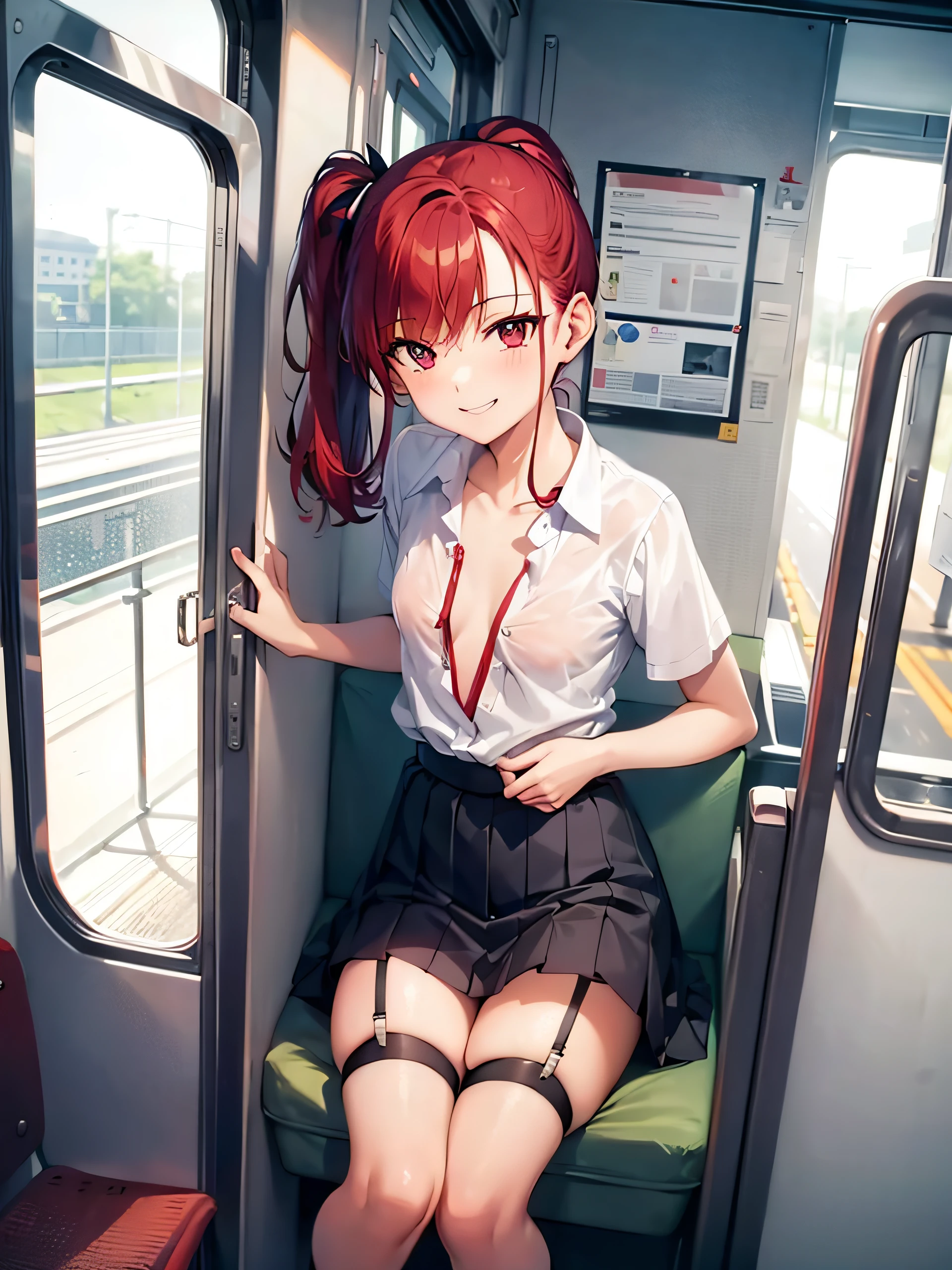girl, ponytails, red hair, smiling, erotic, girl's room, on the bed, small naked breast, garter belt, without panties, on the train, sit down