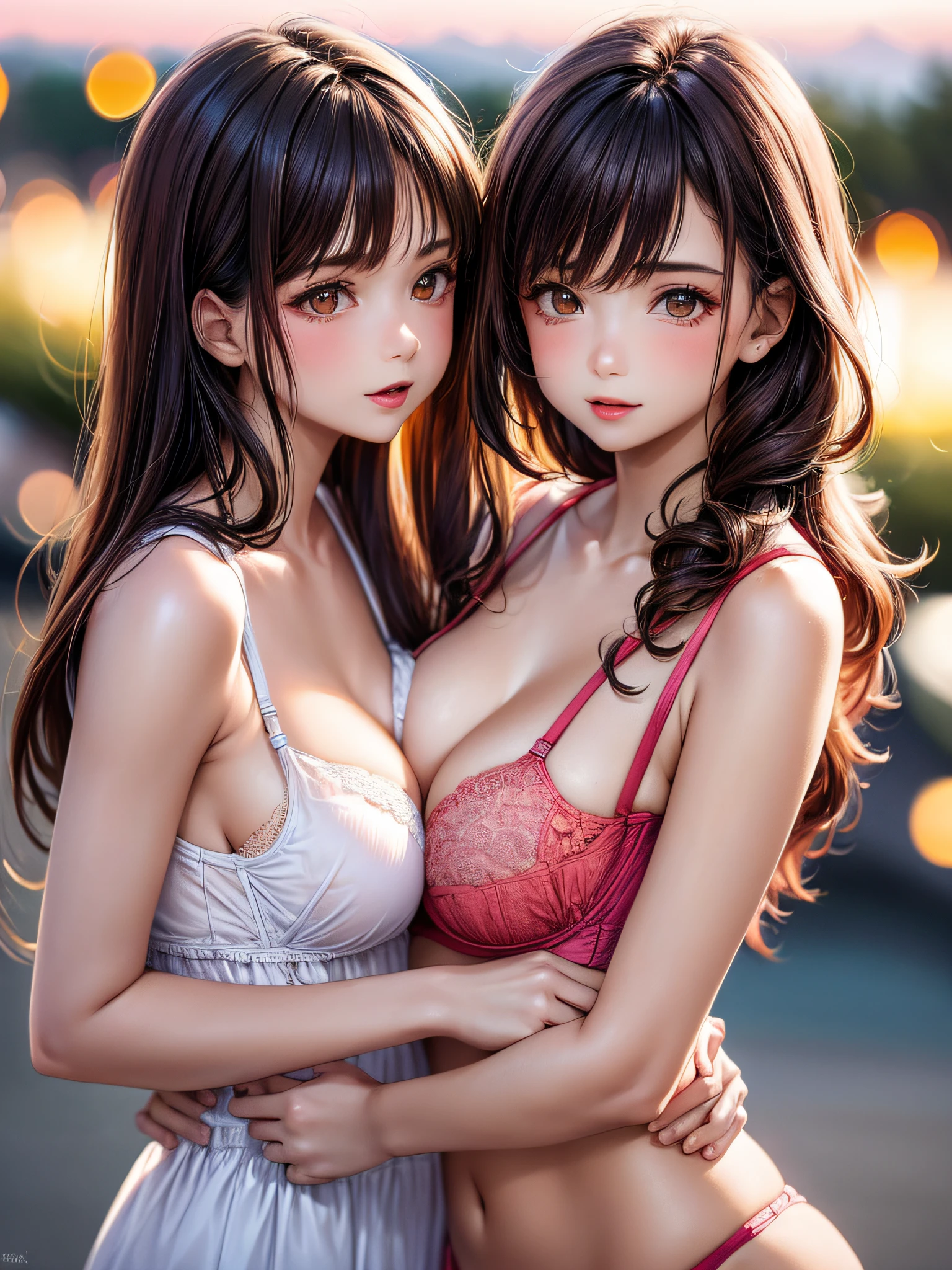 ((2young girls)), (best quality), (ultra-detailed), illustration, (detailed light), (an extremely delicate and beautiful), brown hair, brown eyes, model, (Beautiful big breasts), (no bra, no panties), bare shoulders, Cameltoe, best quality, extremely detailed CG unified 8k wallpaper, High-definition raw color photos, professional photography, (((Bokeh))), depth of fields, beach, twilight, sunset,