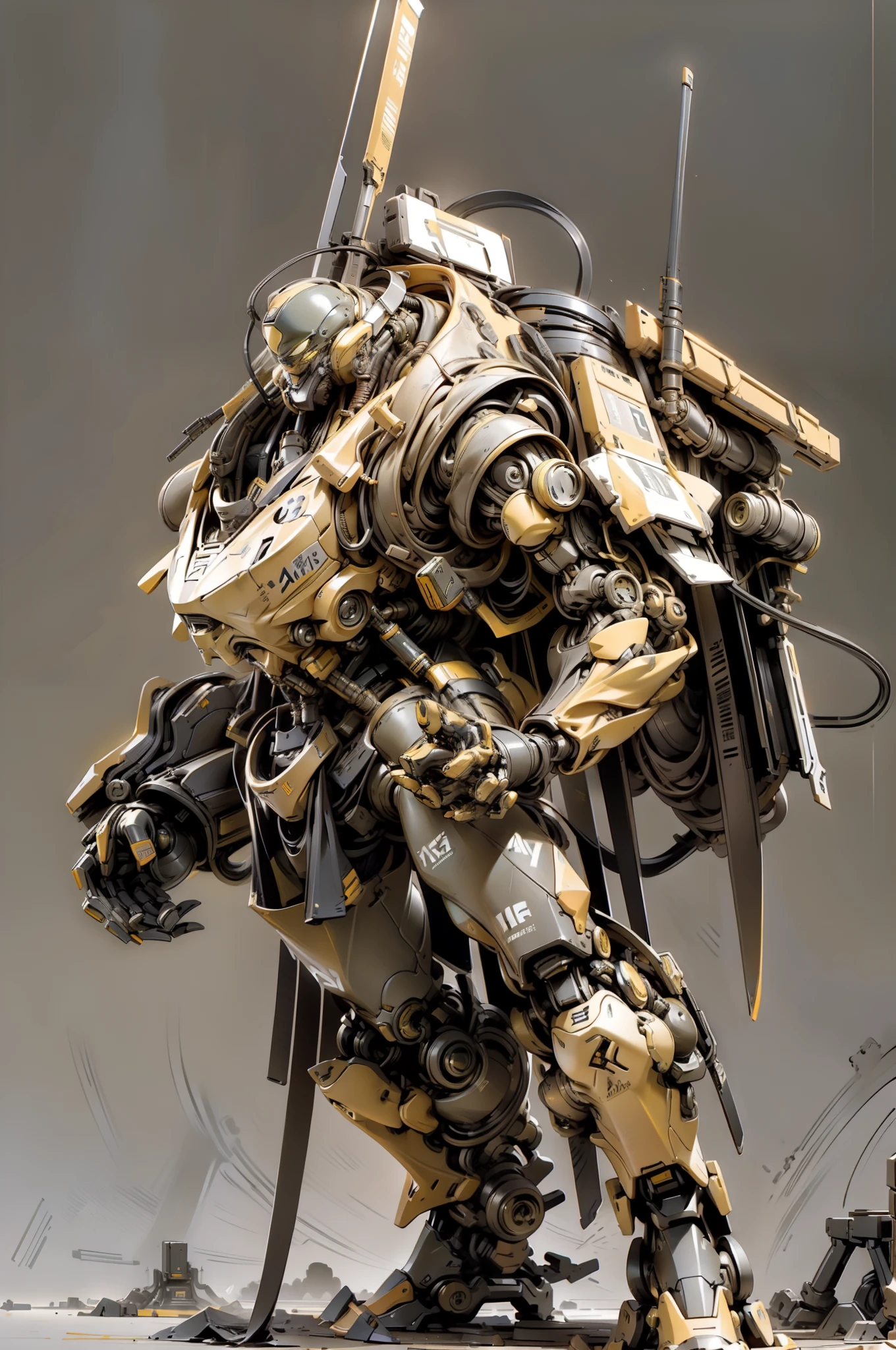 Hyper realistic 4D Portait full body of a mecha helicopter, soldier helicopter element, bulky, muscular, ((yellow, black and white color)) futuristic element, cybernatic, digital cyberpunk anime art, 16k, mecha journal armor, amazing art style, clean and sharp, HD