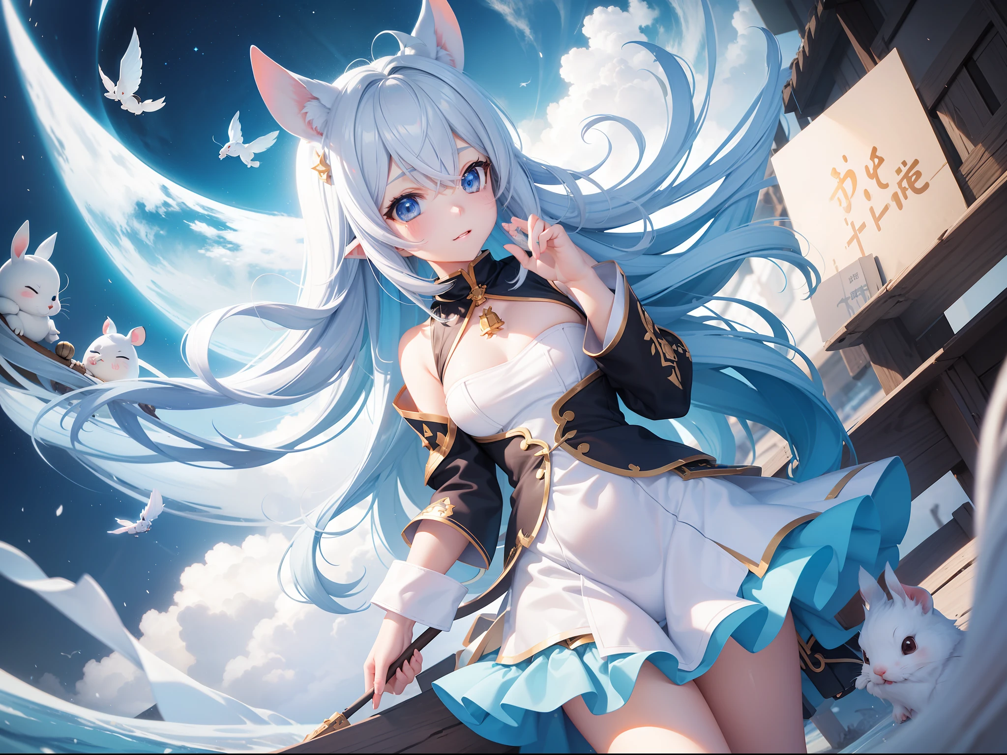 White long-eared rabbit、I'm with a girl with long blue hair and a chibi character。It is a cute costume in white and blue。Dark eyes。Adorable Digital Painting, Flying over the sea。cute detailed digital art, the squirrel king, Cute digital art, cute cartoon characters, cute character, CuteCreatures, Cutie, official illustrations, Official art, squirrel, maplestory mouse, astri lohne, cute 3d render