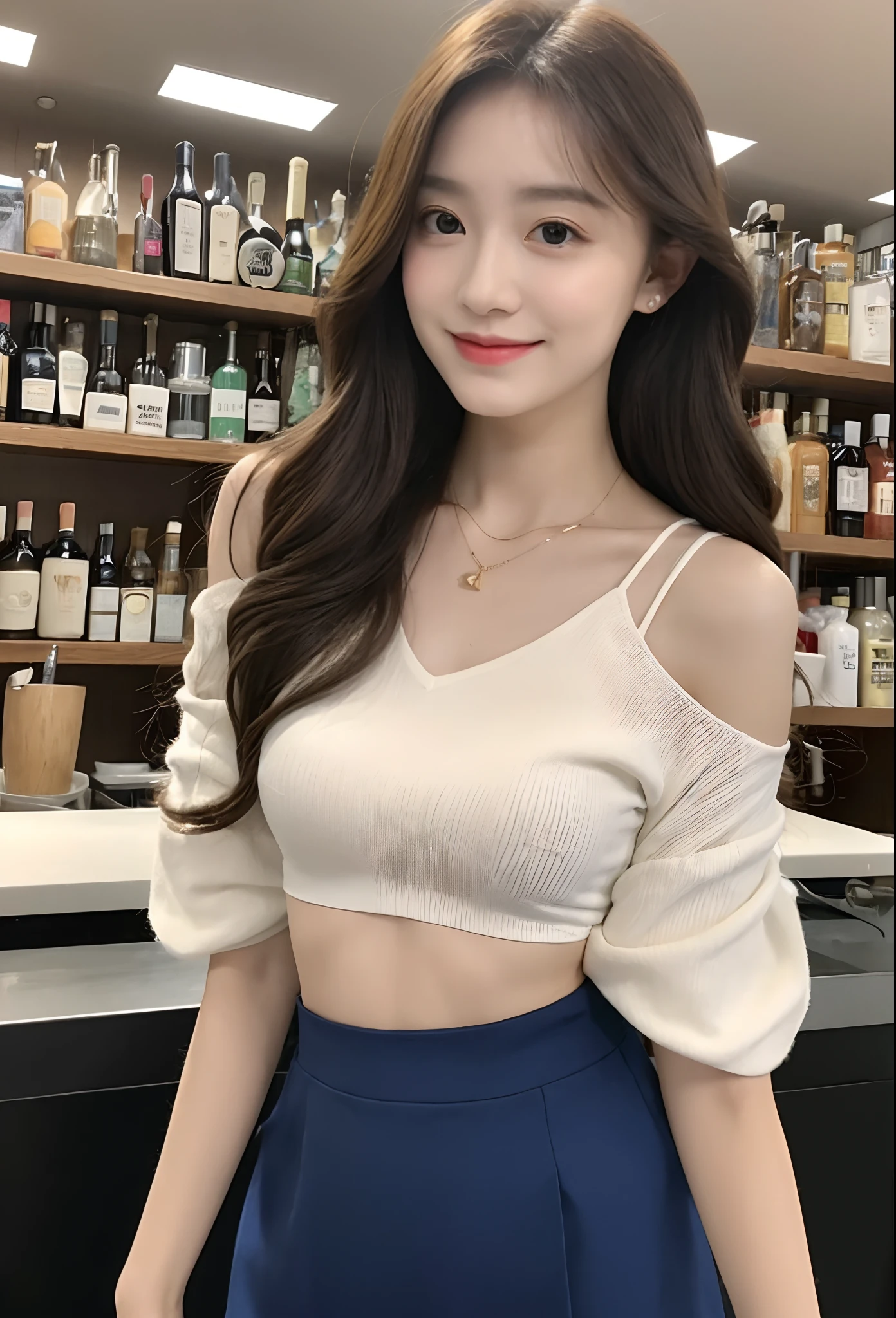 A superb exquisite real beautiful girl, golden long curly hair, extremely exquisite facial features, peerless beautiful girl, collarbone off-the-shoulder, white crop top shirt, black JK skirt, exposed legs, sweet smile, soft, dreamy quality, light white and dark brown, exaggerated facial features, solid color, frank off-white, surreal, blue gemstone necklace, ultra-clear, beautiful young girl, cute and lively, super short leggings, background at the bar counter