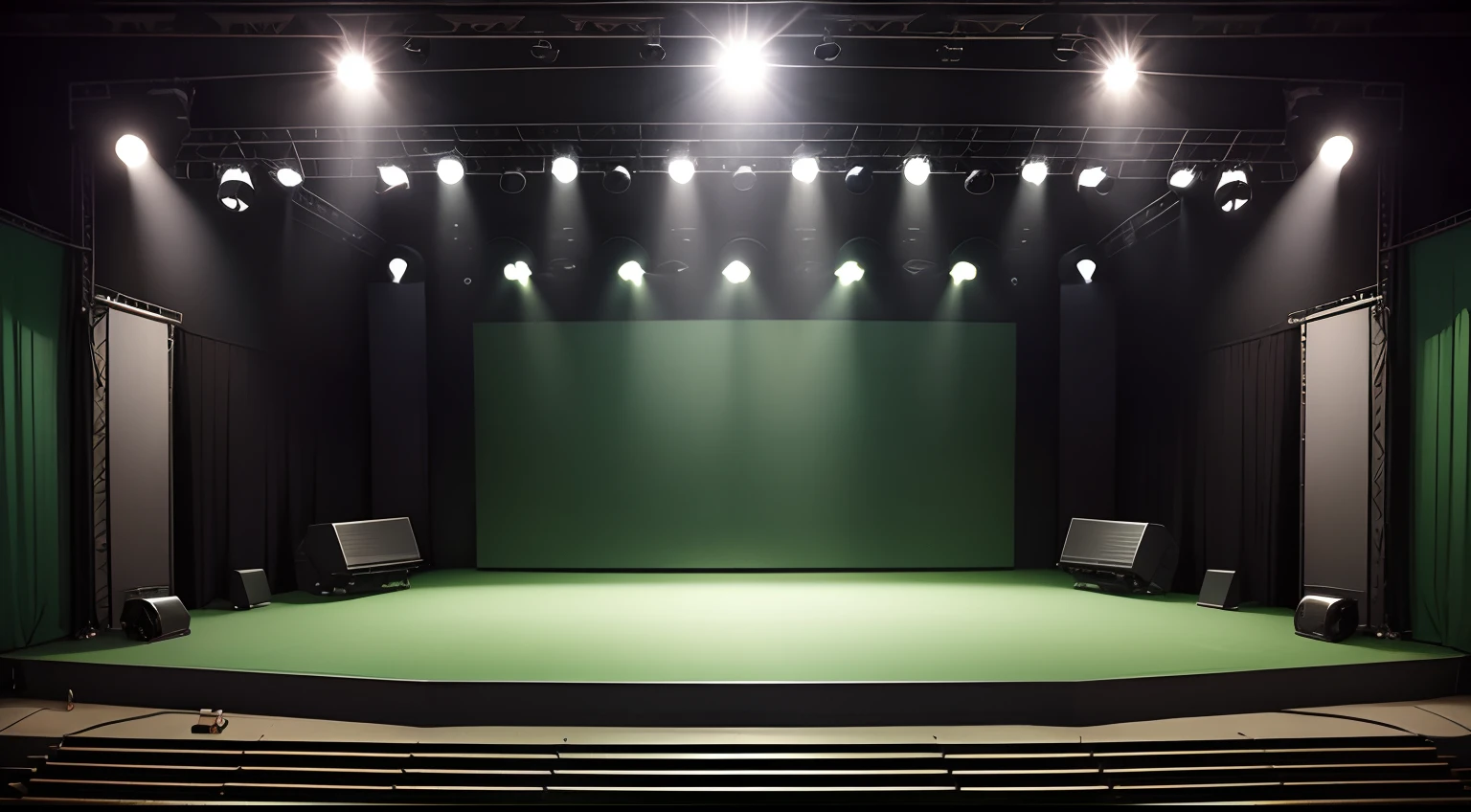 stage for musical performances with two chromakey green background screens one on each side of the stage on pilotis created in steel