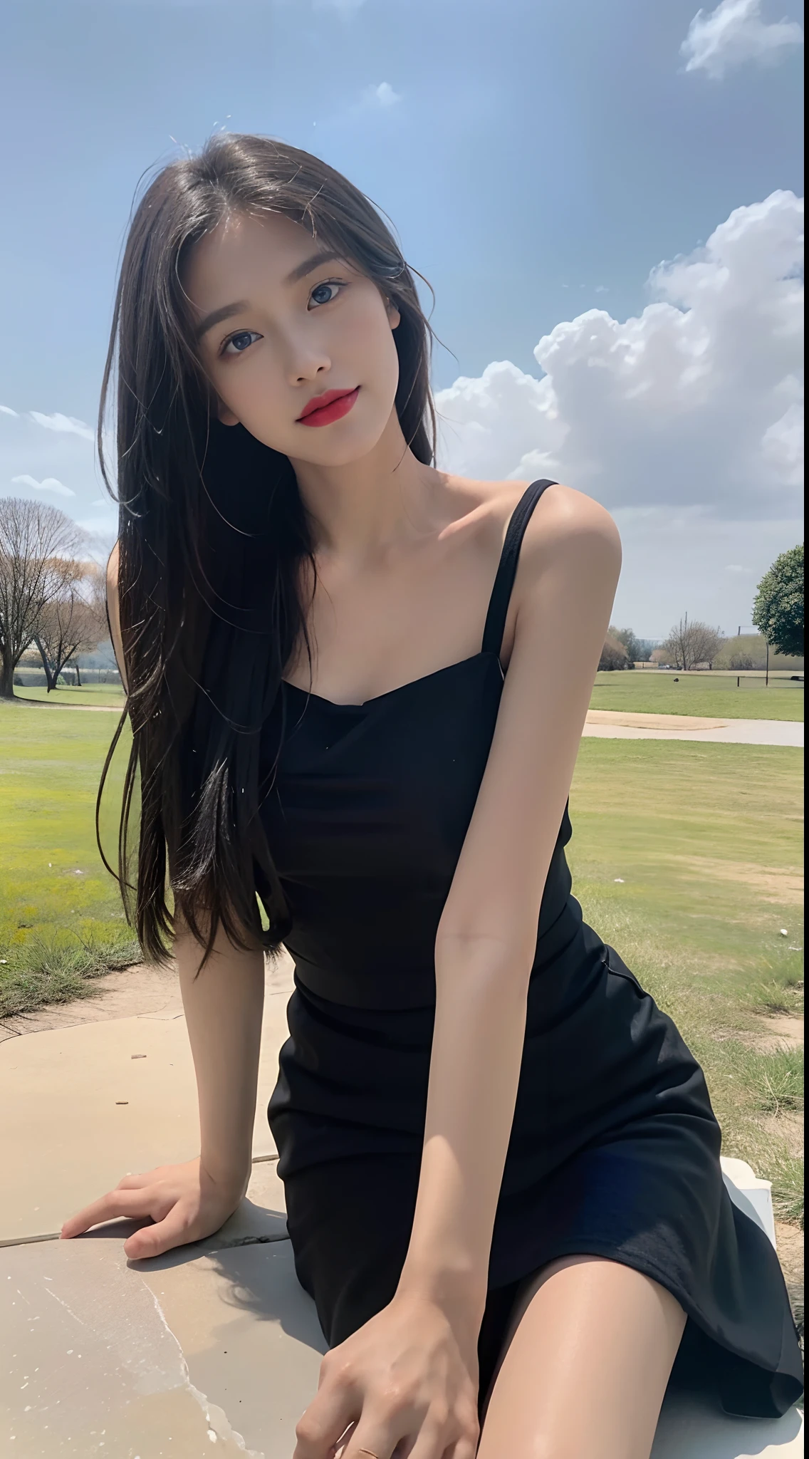 Alafi sits on the grass in a black dress,Legs crossed, nivanh chanthara, dilraba dilmurat, mai anh tran, very low quality, Anime Thai girl, With long hair, imagem de qualidade alta, personal profile picture, dang my linh, A young Asian woman, Fanart, Asian girl with long hair, xintong chen,(Open-mouthed,teeth)