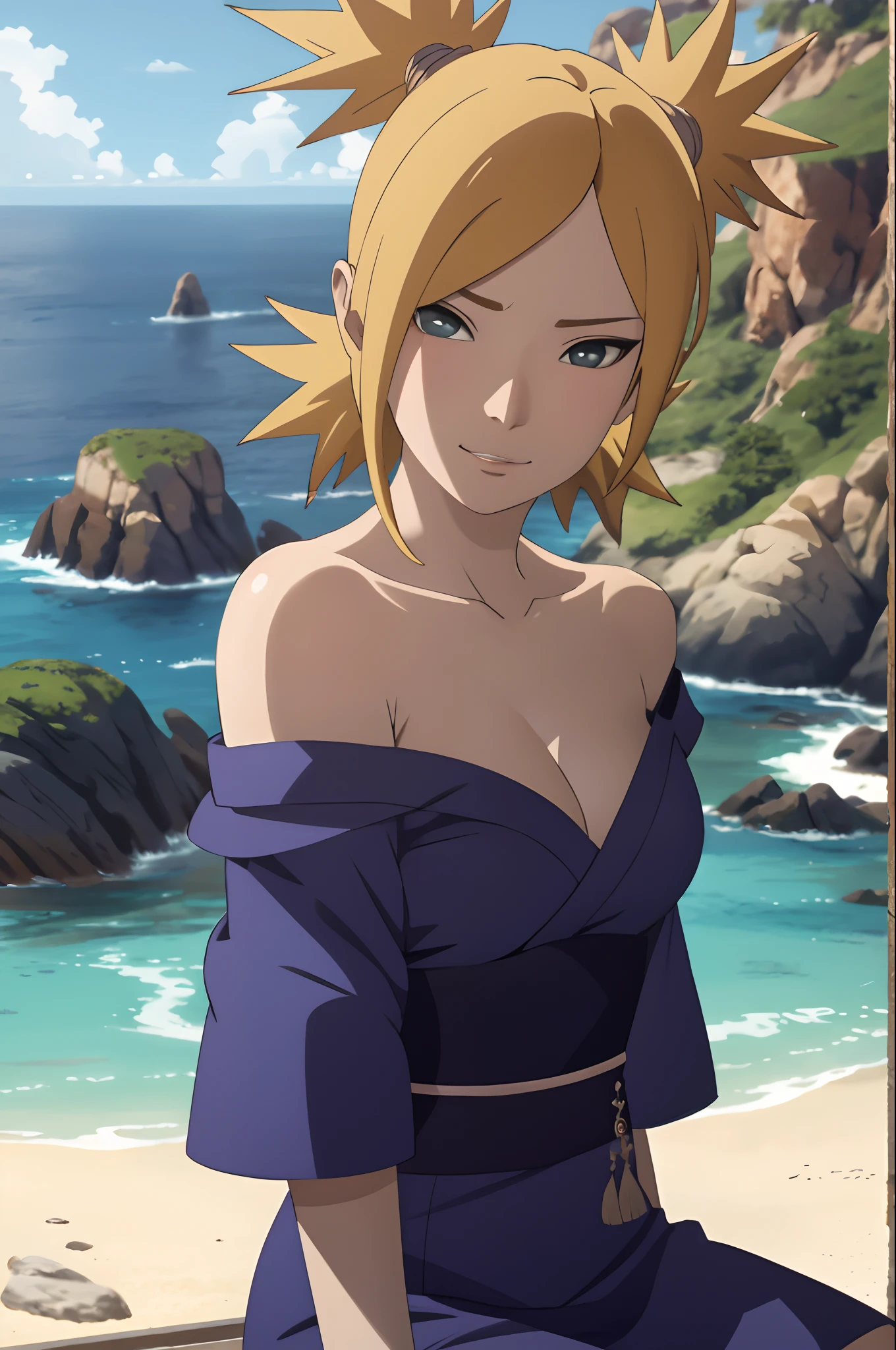 Masterpiece, absurderes , (Intricate details), (Colorful),cleavage，Be red in the face，Off-the-shoulder attire，Cinematic lighting,Bust Up Shot,Extremely detailed Cg Unity 8K wallpaper,Temari\(Boruto\), 1girll, Mature female,blue kimono,  Sitting, Outdoors,Wind,  view the viewer,ssmile，sea beach，the sea，coconut palms