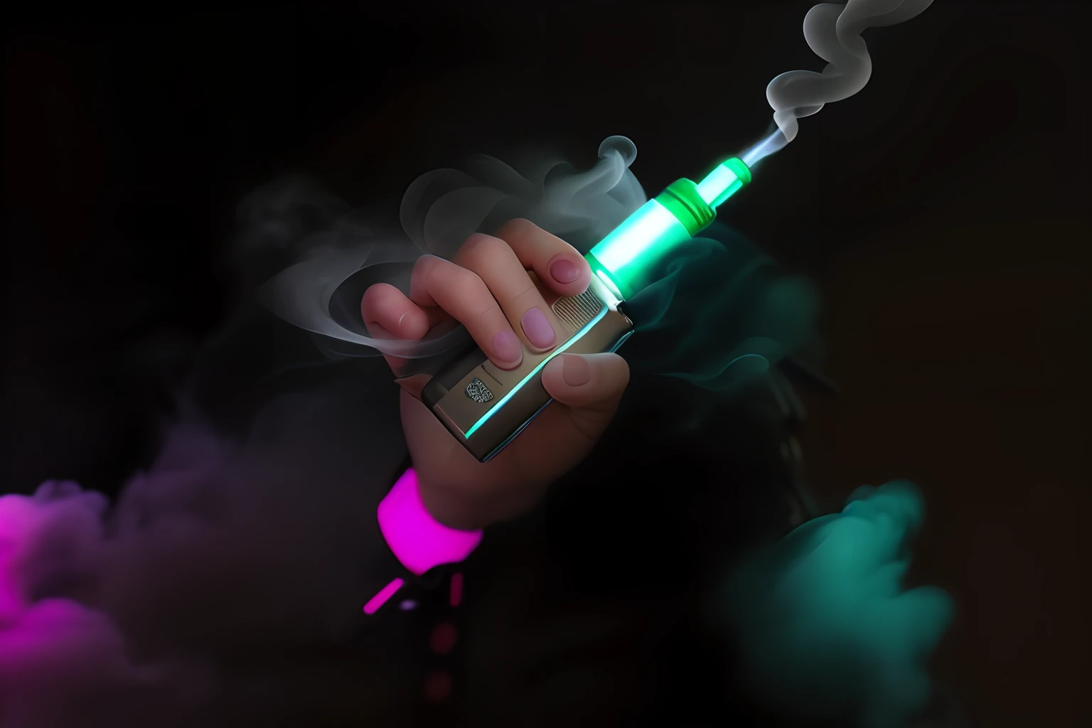 Vape in hand, thick smoke in the background, neonlight