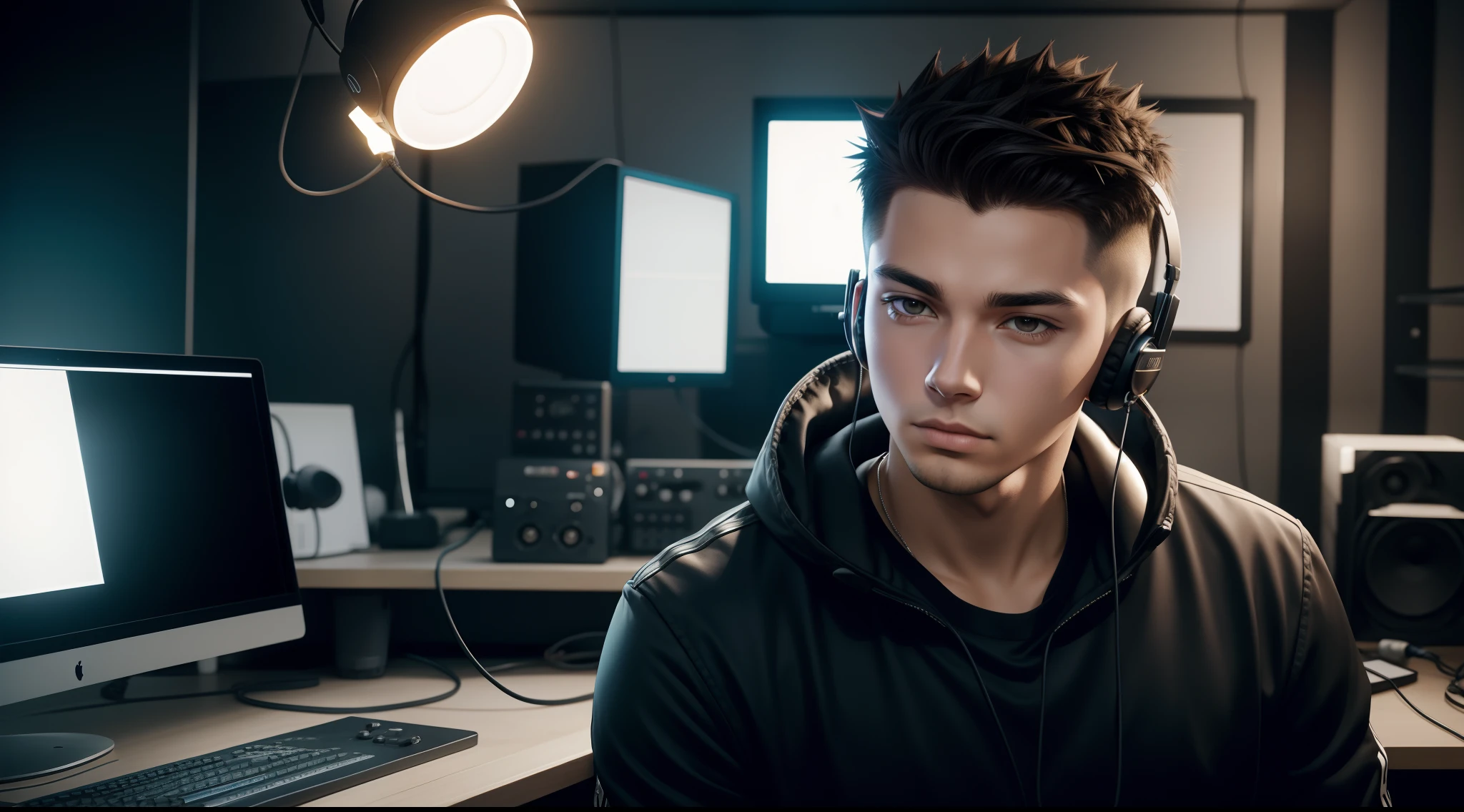young man name urban legend with short spiky hair in Studio co with headphone in ear seeing camera front  siting alone show full body