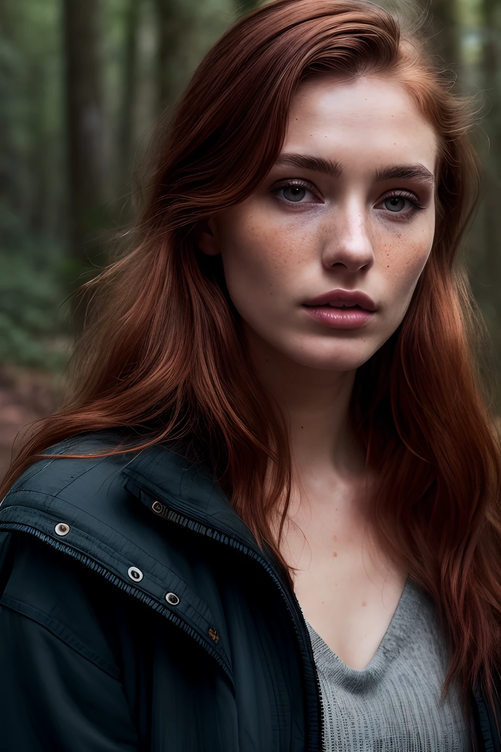 a photo of a seductive woman with loose styled redhead hair, posing in a forest, bored, she is wearing a  jacket, mascara, , (textured skin, skin pores:1.1), (moles:0.8), (imperfect skin:1.1) intricate details, goosebumps, flawless face, (light freckles:0.9), ((photorealistic):1.1), (raw, 8k:1.2), dark, muted colors, slate atmosphere,