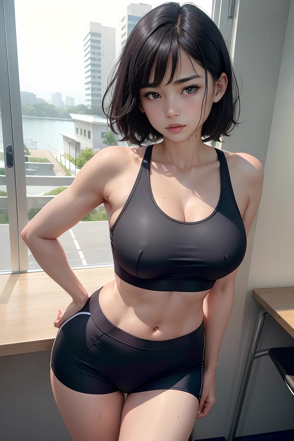 Deep neckline wet sports bra standing in school staff room、clothes wet with a lot of sweat、((Sharp jawline))Perky 4k lifelike beautiful、Cute 10 year old Japan sweaty girl((full body including legs))a picture、race,Ultra-precise depiction、Short black hairstyle,