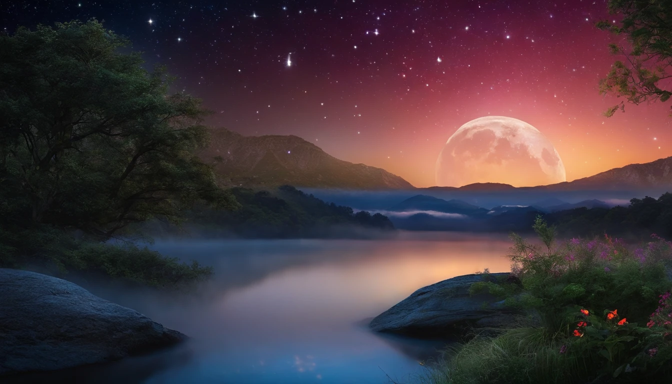 A view of a full moon rising over a lake with rocks and trees - SeaArt AI