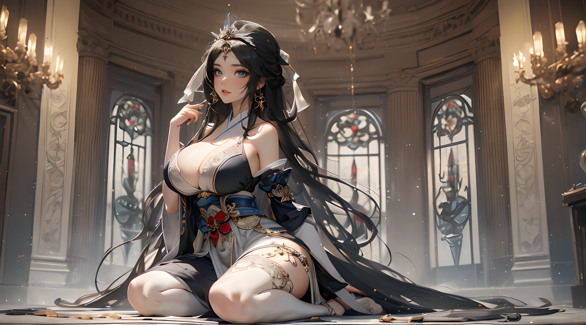 The ultimate masterpiece,(Fidelity:1.2),((Raised sexy)),((Asian girl)),((cabelos preto e longos)),Unlimited scenery,(White:1.2+White:1.1,Delicate skin),((Heterochromic pupils)),((Bigchest)),((The room was great)),((Heterochromic pupils)),((ornate decoration)),(semi transparent:1.1),Looming,((Loose red hanfu)),((Empress Fan)),(lisses: 1.1),(Clear curve details: 1.1),(adolable: 0.9),(Shiny: 1.1),(goddes: 1.2),Domestic style,The warmest yellow,The environment is mysterious and elegant,((The model is beautiful and sexy)),slightly fat big breasts,((full body concept)),((Full body like)),One guy