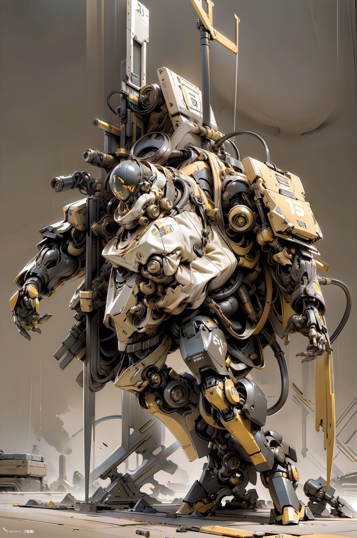 Hyper realistic 4D Portait full body of a mecha helicopter, soldier helicopter element, bulky, muscular, ((yellow, black and white color)) futuristic element, cybernatic, digital cyberpunk anime art, 16k, mecha journal armor, amazing art style, clean and sharp, HD