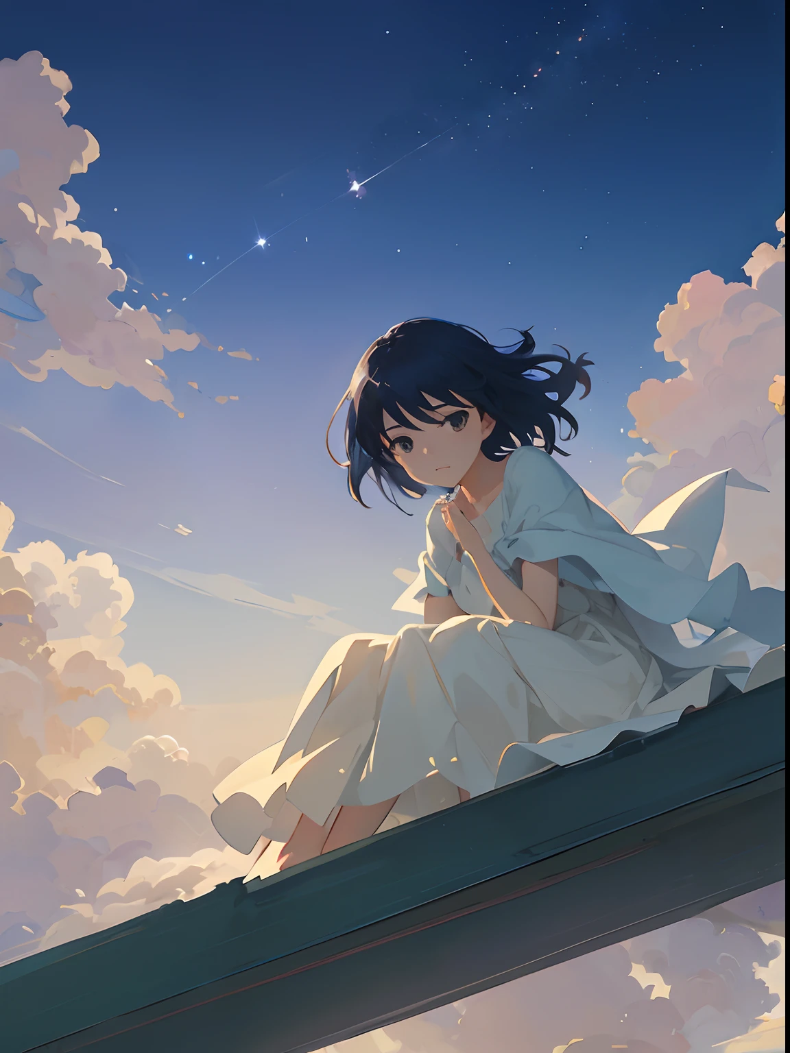 Create exquisite illustrations reminiscent of Makoto Shinkai's style, It has ultra-fine details and top-notch quality. Create an illustration depicting children lying on a bed of clouds, The sky above them is、Seductively whimsical and nostalgically serene. Clouds serve as a comfortable haven for them, Allows them to gaze peacefully at the world below. The sky itself exudes an aura of enchantment and nostalgia, Dreamy casting, hazy atmospheres. When they float above earthly worries、It's a moment of quiet bliss, Lost in the world of one's own imagination. This scene is、zora々Capturing the essence of wonder, Dream of cloudy landscape, Eta、The timeless charm of the sky