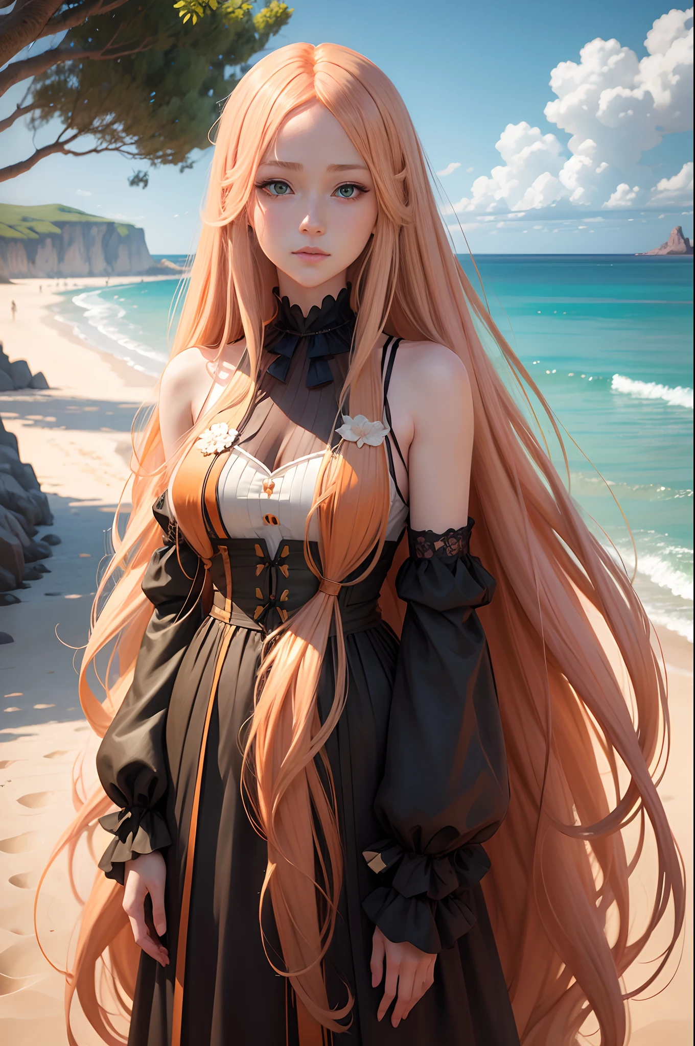 a woman with long orange hair and green eyes standing in front of the ocean, beautiful anime portrait, blonde anime girl with long hair, detailed portrait of anime girl, stunning anime face portrait, detailed digital anime art, anime girl with long hair, artwork in the style of guweiz, portrait anime girl, anime visual of a cute girl, beautiful anime face