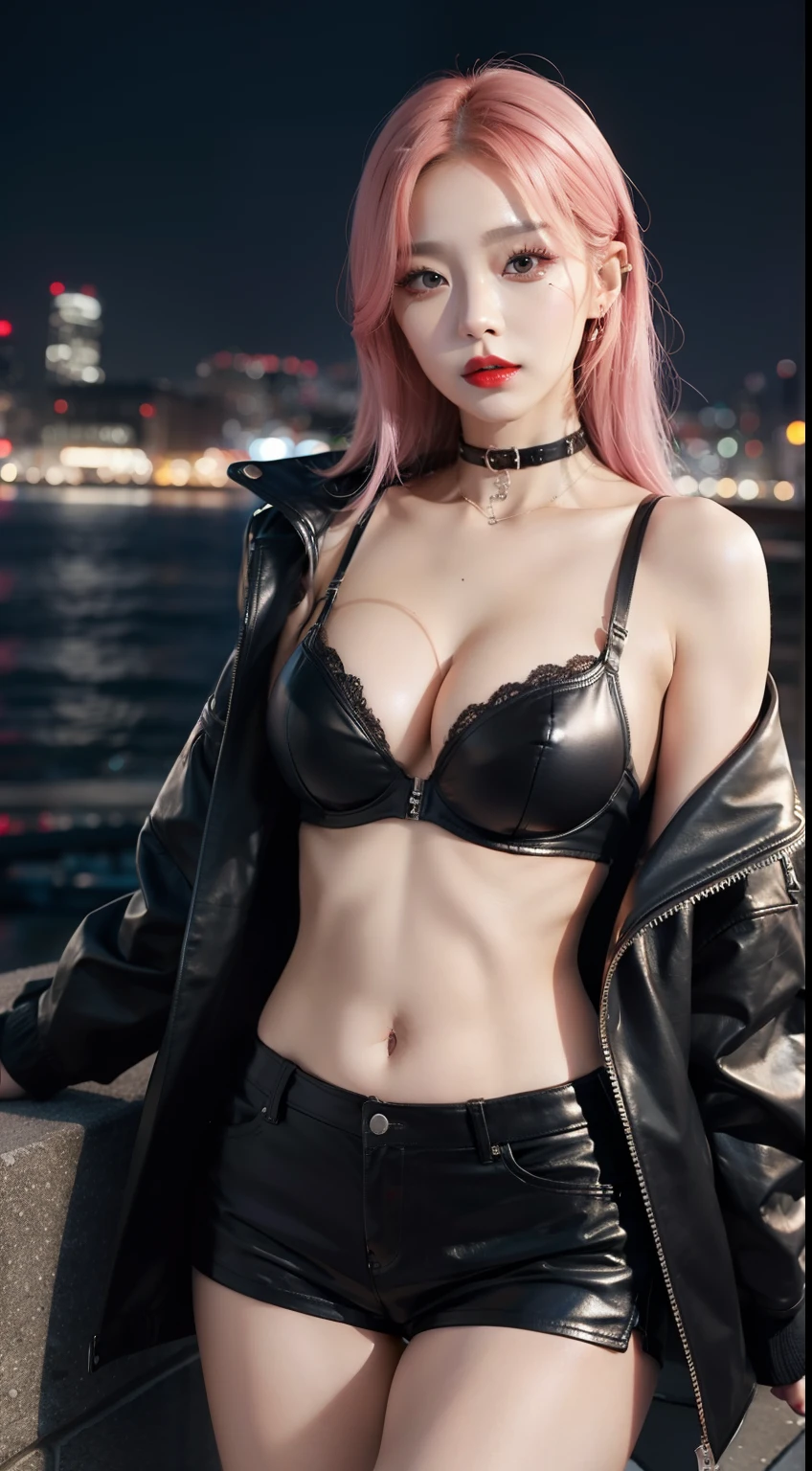 beautiful girls, Korean makeup, Red lips, Platinum hair, thigh, Standard physique, big breasts, thigh, lower abdomen, choker, umbilical piercings, sexy little leather bra, Wide outerwear made of leather, Tight leather short shorts, Midnight city waterfront view,
