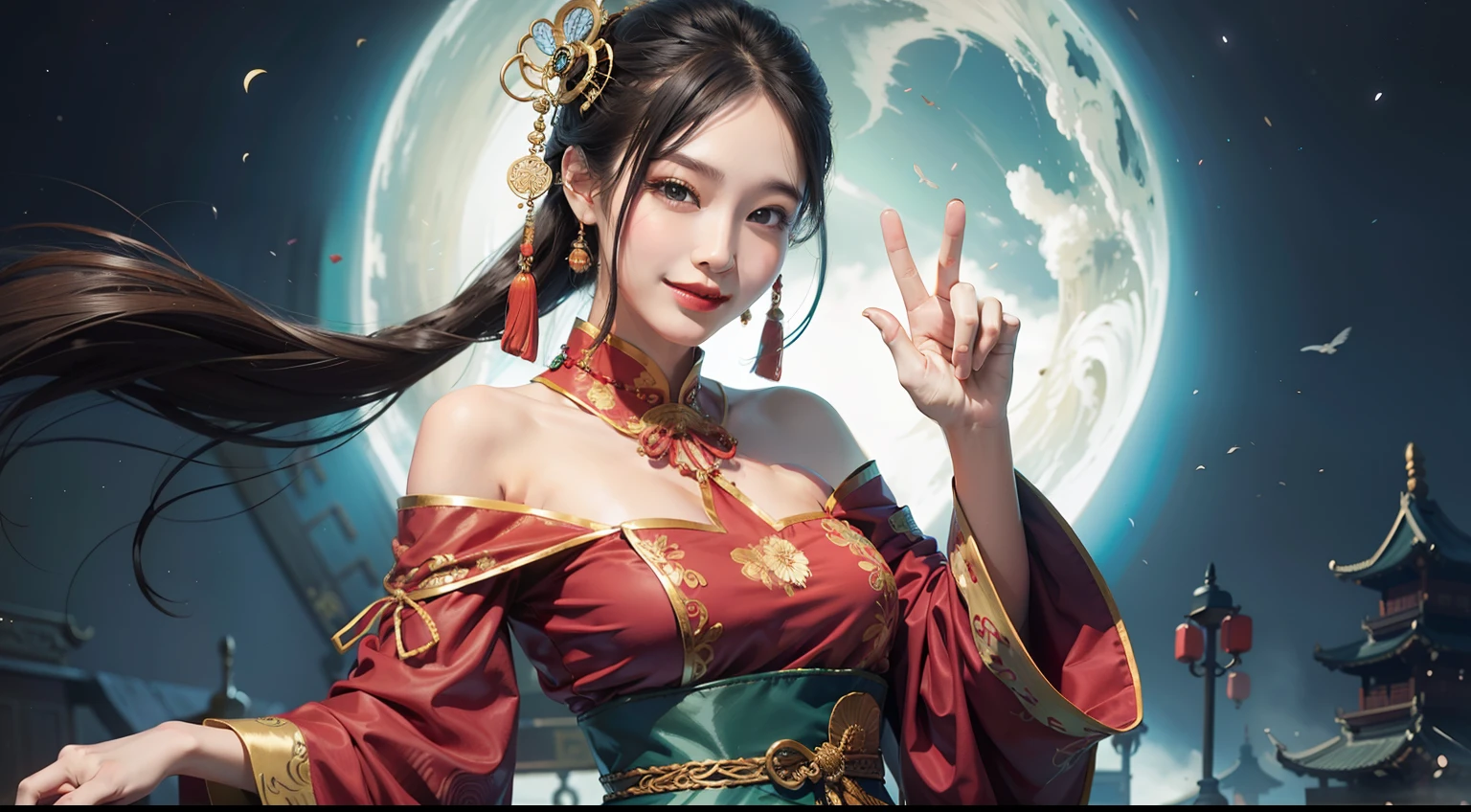 Dressed in Han Chinese costume with a slender body、Smiling Woman.off shoulders
