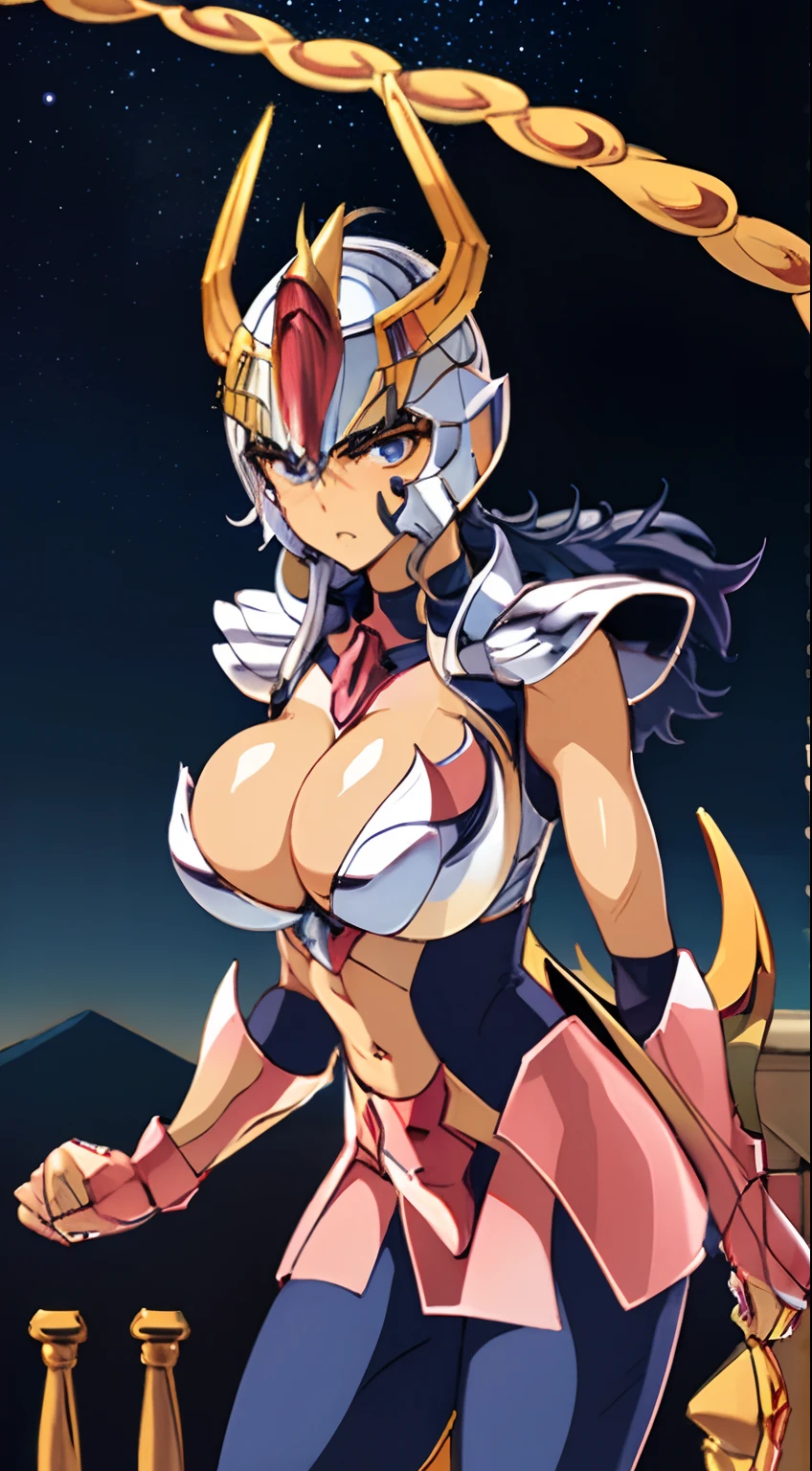 masterpiece, best quality, ultra high res, realistic skin texture, armature, (photorealistic:1.4), high resolution, raw photo, 1 girl, shiny skin, (detail skin:1.2), realistic skin texture, best lighting, sparkle, mecha armor, dramatic lighting, dynamic pose, (greek temple background:1.1), (night:1.2), (night sky), cosmos, milky way, golden armor, (cleavage), Phoenix_Ikki, (big breast), (helmet:1.2), tanned skin, black hair, (silver chest guard:1.3), (helmet), blue shirt,  volcano, lava, serious face