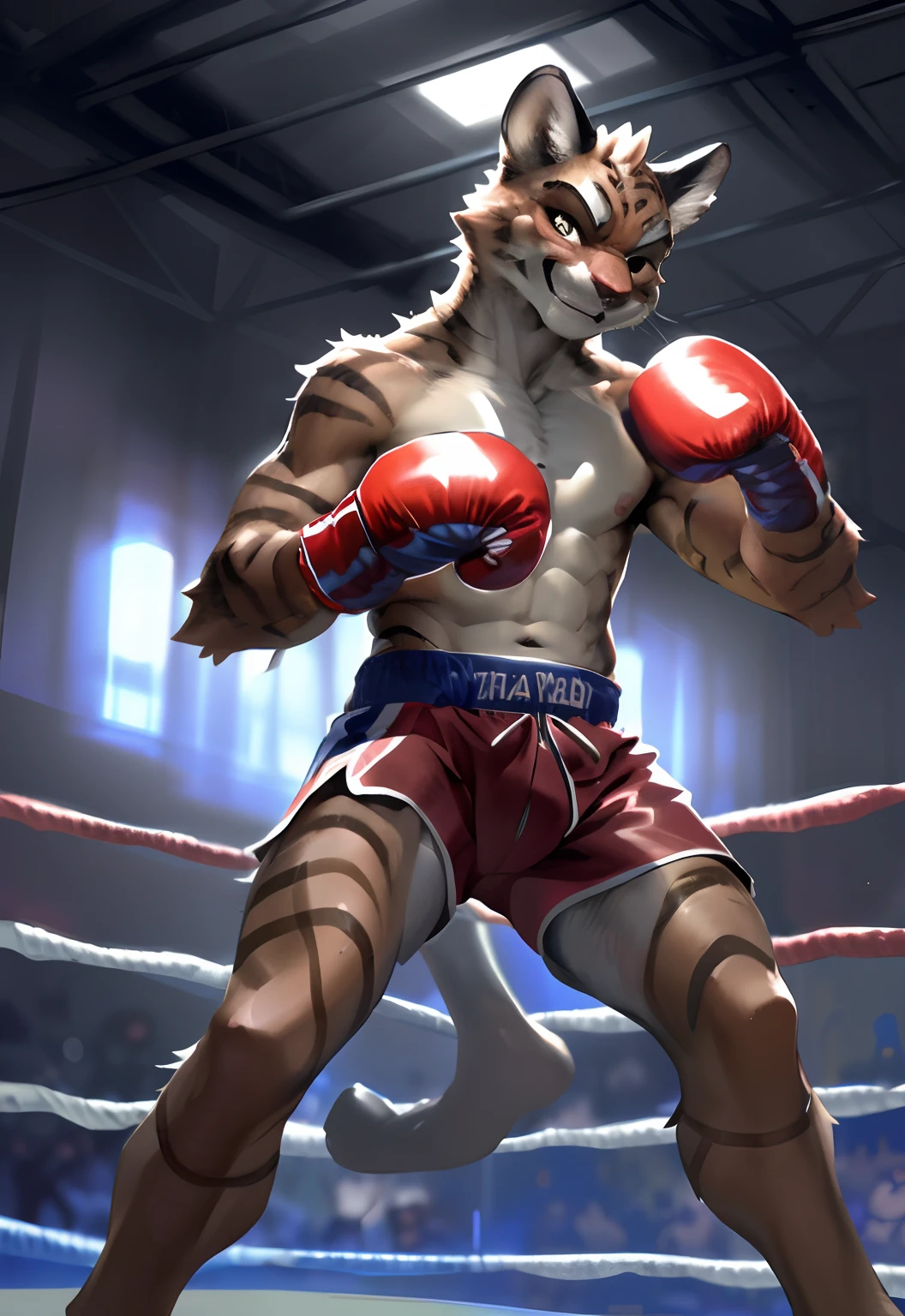 muscular anthro lora:kurama wearing boxing gloves. 4k, high resolution, best quality, perfect colors, perfect shadows, perfect lighting, posted on e621, furry body, solo, anthro kurama, body hair, older, male, adult, masculine, (heavily muscular, buff:1.2), bare torso, correct anatomy, (photorealistic fur, detailed fur, epic, masterpiece:1.2), (detailed gym background, nighttime), sexy shadows, (by Taran Fiddler, by Chunie, by Kusunagi, Bonifasko lighting), (boxing shorts:1.2), (detailed eyes:1.2), sweaty:1, sweat:1.2, shiny fur, full body, boxing gloves, kneeling on floor, (sweat:1.4), open mouth, visible breath, exhausted, (arms lowered, arms down:1.1)